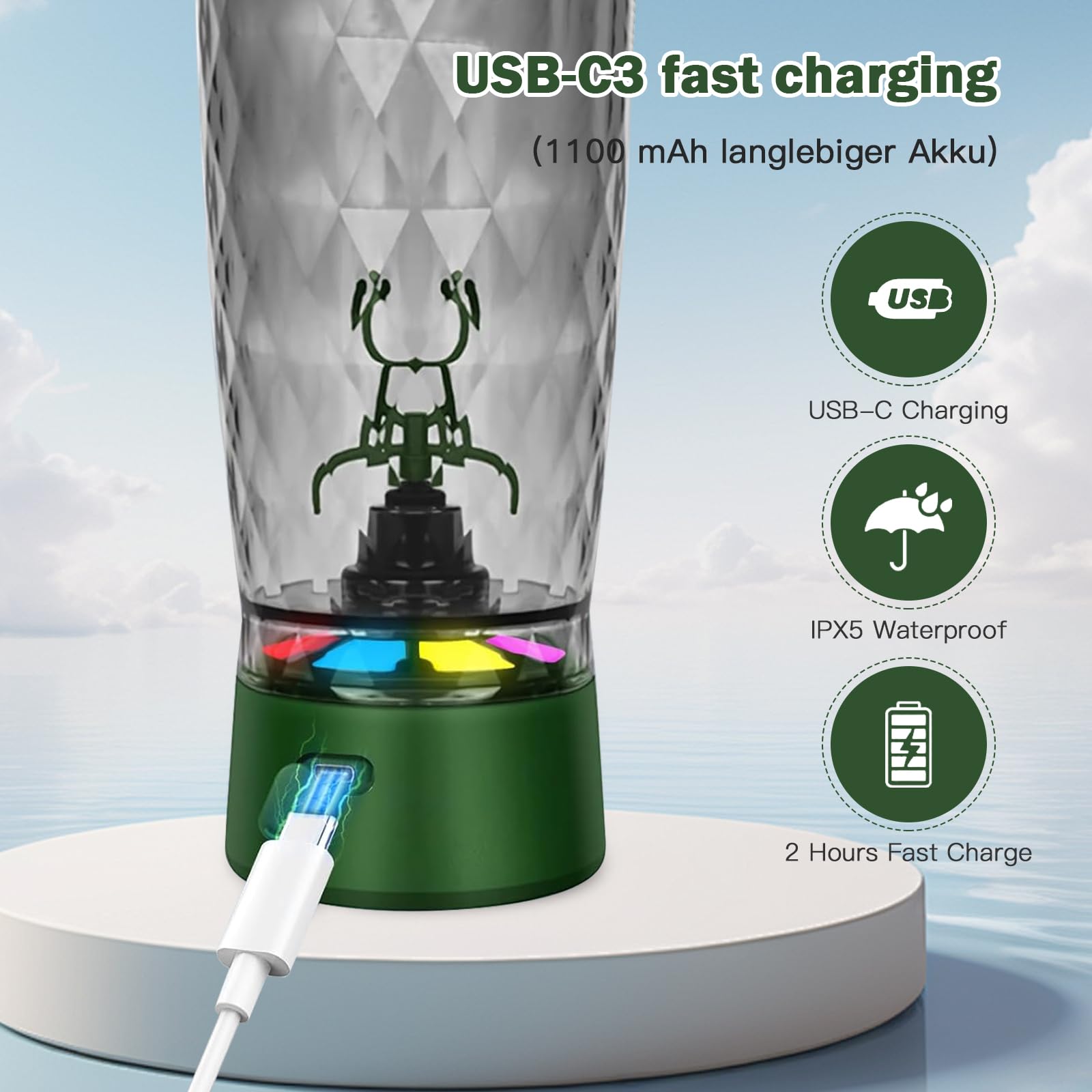 MeYuxg Shaker elettrico per proteine da 650 ml, senza fili, con funzione di miscelazione, bicchiere automatico con contenitore per polvere e spazzola per la pulizia, per sport, fitness e viaggio verde