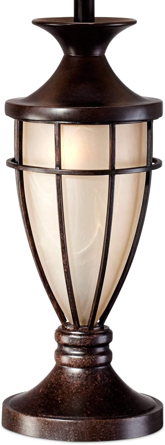 John Timberland Mission Cage Table Lamps 33" Tall Set of 2 with Nightlight Lantern Brushed Iron Brown Beige Fabric Shade for Living Room Bedroom House Bedside Nightstand Home Office Entryway