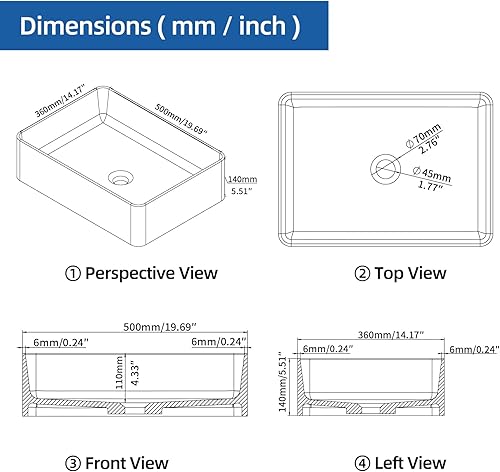 Miniatura 7 de Cpingao Lavabo de baño de 16 x 13 pulgadas, rectangular sobre encimera de resina blanca de piedra blanca, lavabo de arte con drenaje emergente