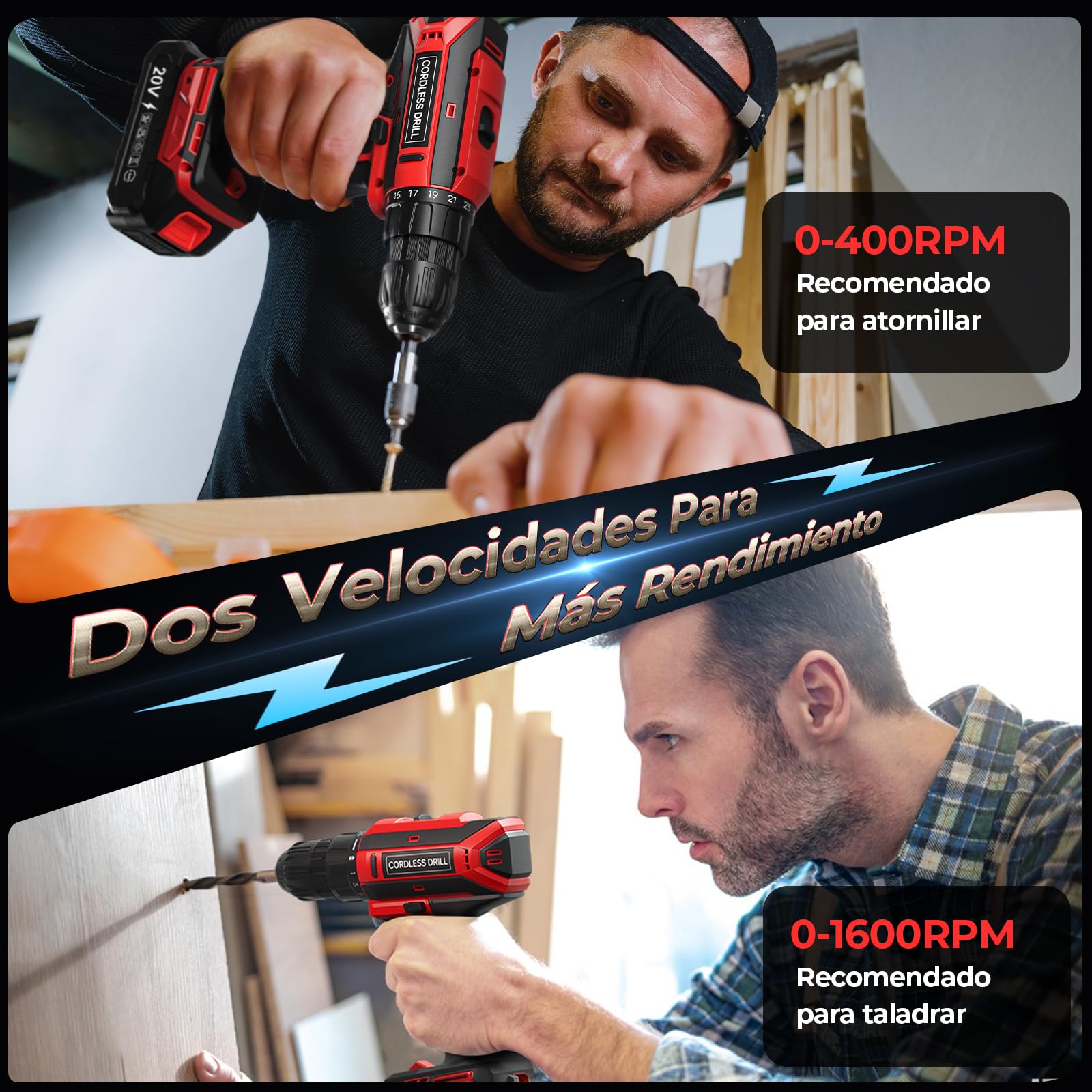 Taladro Atornillador Batería con 2 Baterías, 20V Taladro Bateria par Máximo de 42Nm, Taladro Inalámbrico 2 Velocidades, Apto para Baterías Makita, 25+1 Niveles de Par, Portabrocas 10mm, Luces LED Red