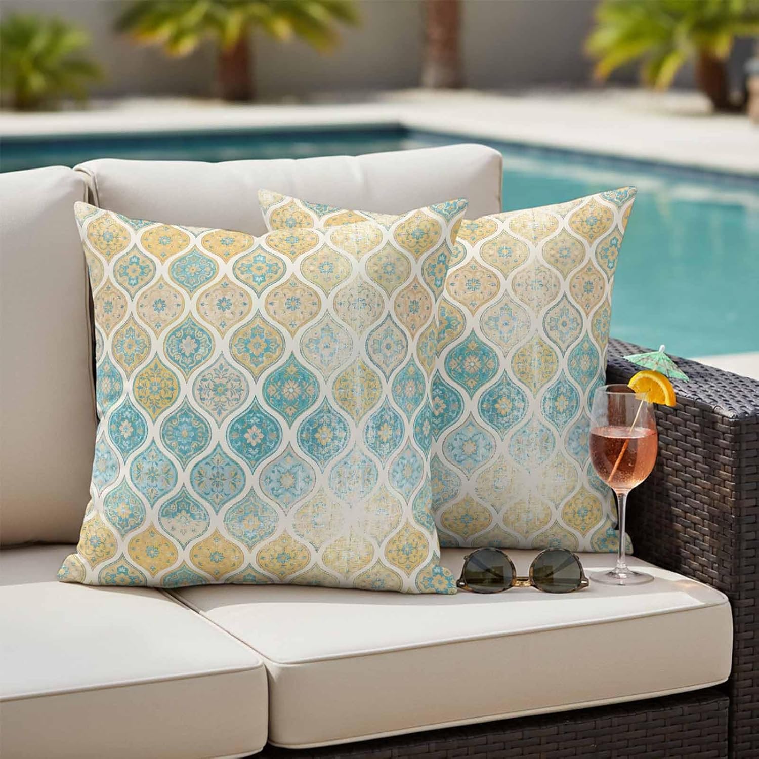 Turquoise Yellow Boho Outdoor Pillow Covers 18x18 Inch Throw Pillow Covers Set of 2 Waterproof Decorative Pillow Cases Southwest Aztec Abstract Geometric Cushion Covers for Patio Furniture Garden
