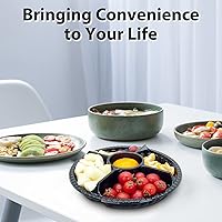 Vista 7 de 12 bandejas desechables para frutas, bandeja redonda de plástico para servir aperitivos con tapa, 5 compartimentos, platos de fiesta, recipientes