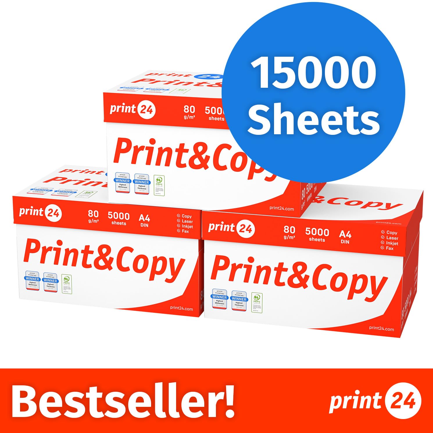 Druckerpapier Kopierpapier 500-150000 Blatt A4 80g Premium Weiß PEFC zertifiziert (15.000 Blatt)