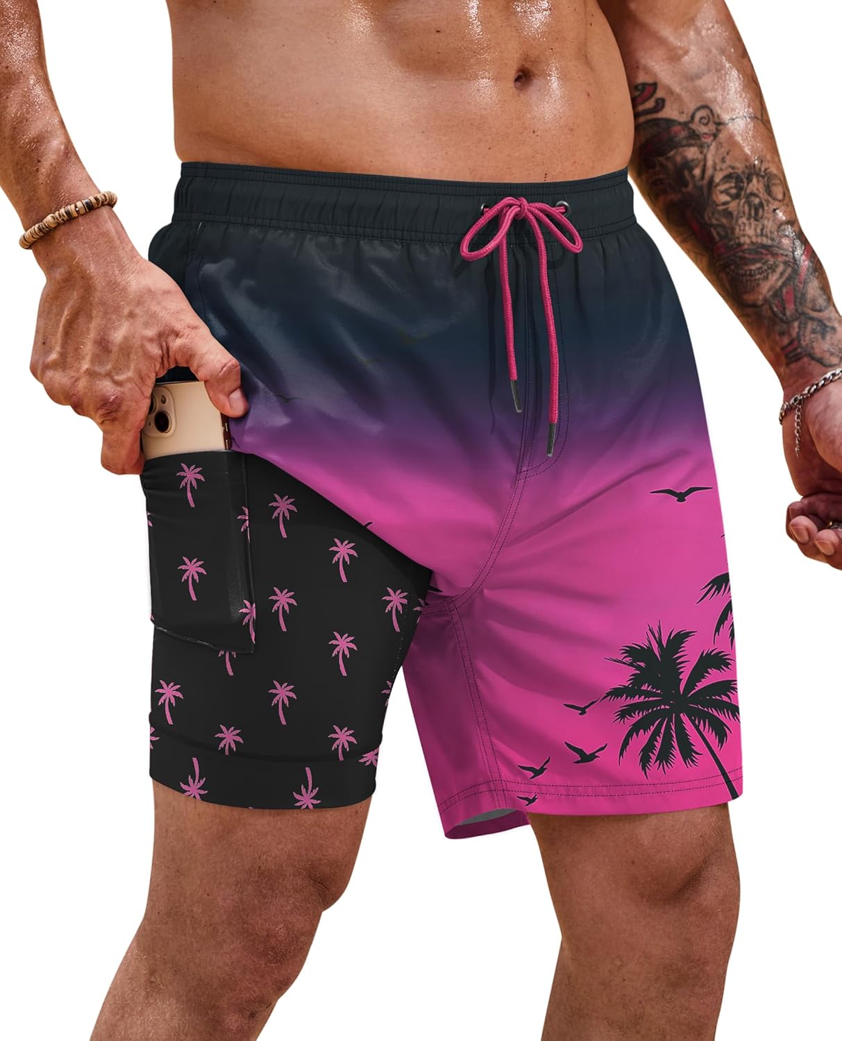Men Swim Trunks Quick Dry Graphic Compression Liner 6'' Inseam Beach Summer Board Shorts (S-XXL)
