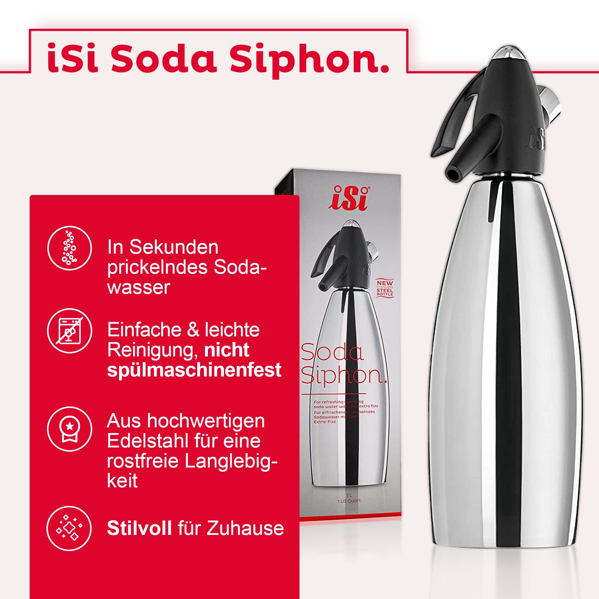 ISI Soda Siphon 1L inkl. 6 x 10 CO2 Kapseln für Soda & Sprudel - Edelstahl Wassersprudler Set + CO2 Kartuschen - Wasser Sprudler - Bar Zubehör