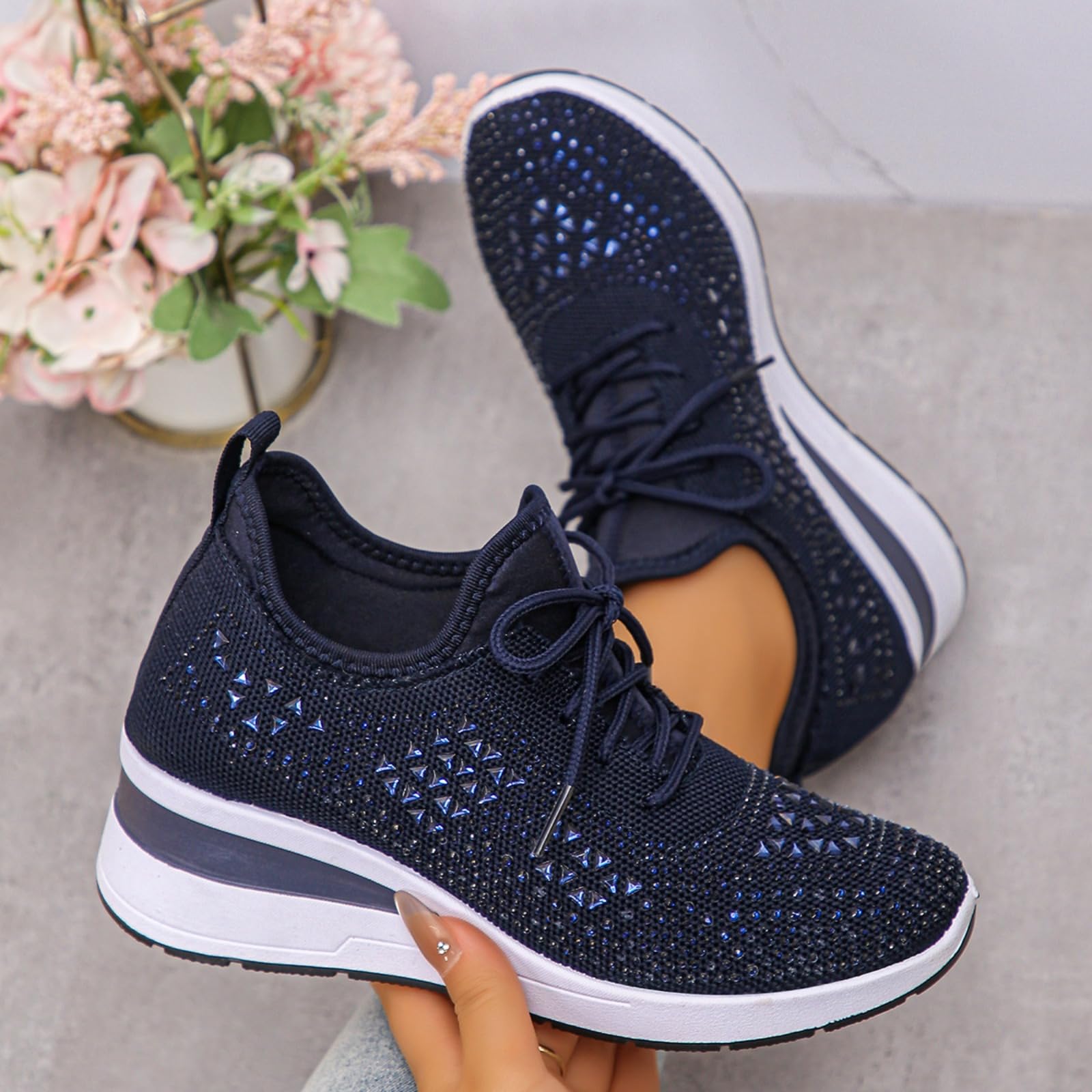 Zapatillas de cuña transpirables con diamantes de imitación brillantes para mujer, con cordones, plataforma de cuña con cuentas de diamantes de imitación, zapatillas cómodas y brillantes