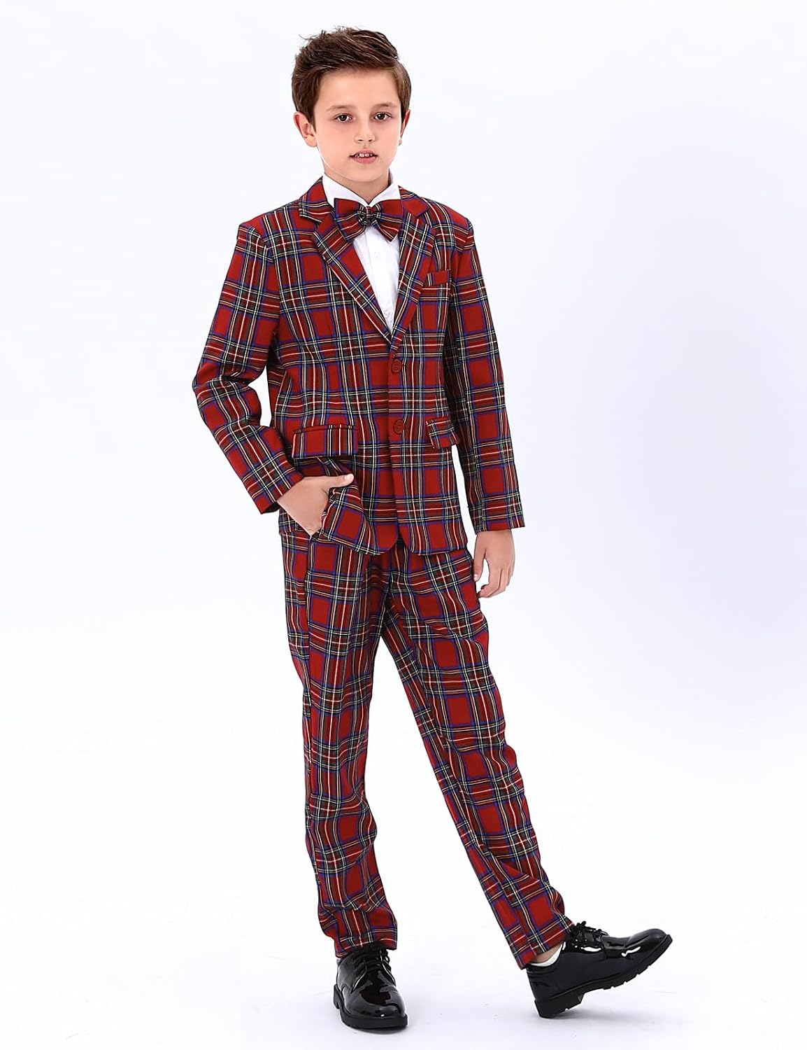 A&J DESIGN Boys' 2-Piece Suits Set Kids Plaid Blazer & Pants with Bow Tie