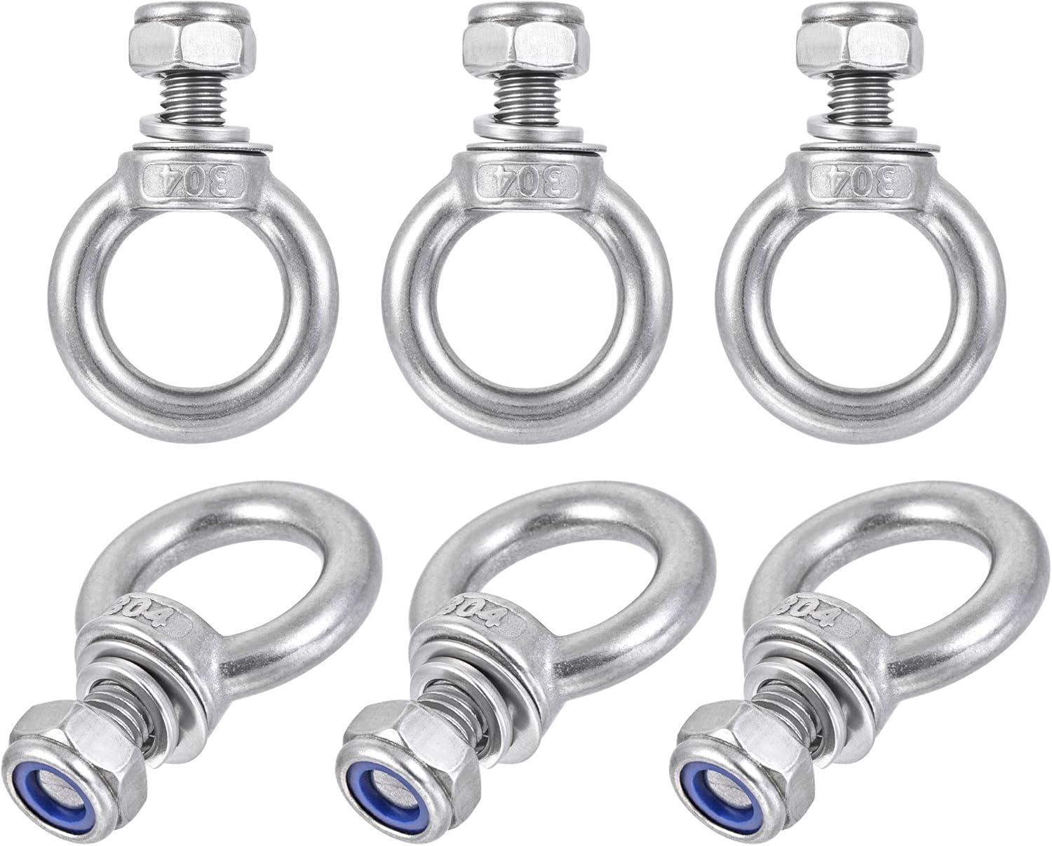 uxcell Lifting Eye Bolt M10 x 18mm Male Thread with Hex Screw Nut Gasket Flat Washer for Hanging Securing Chain Wire Rope, 304 Stainless Steel, 6 Sets