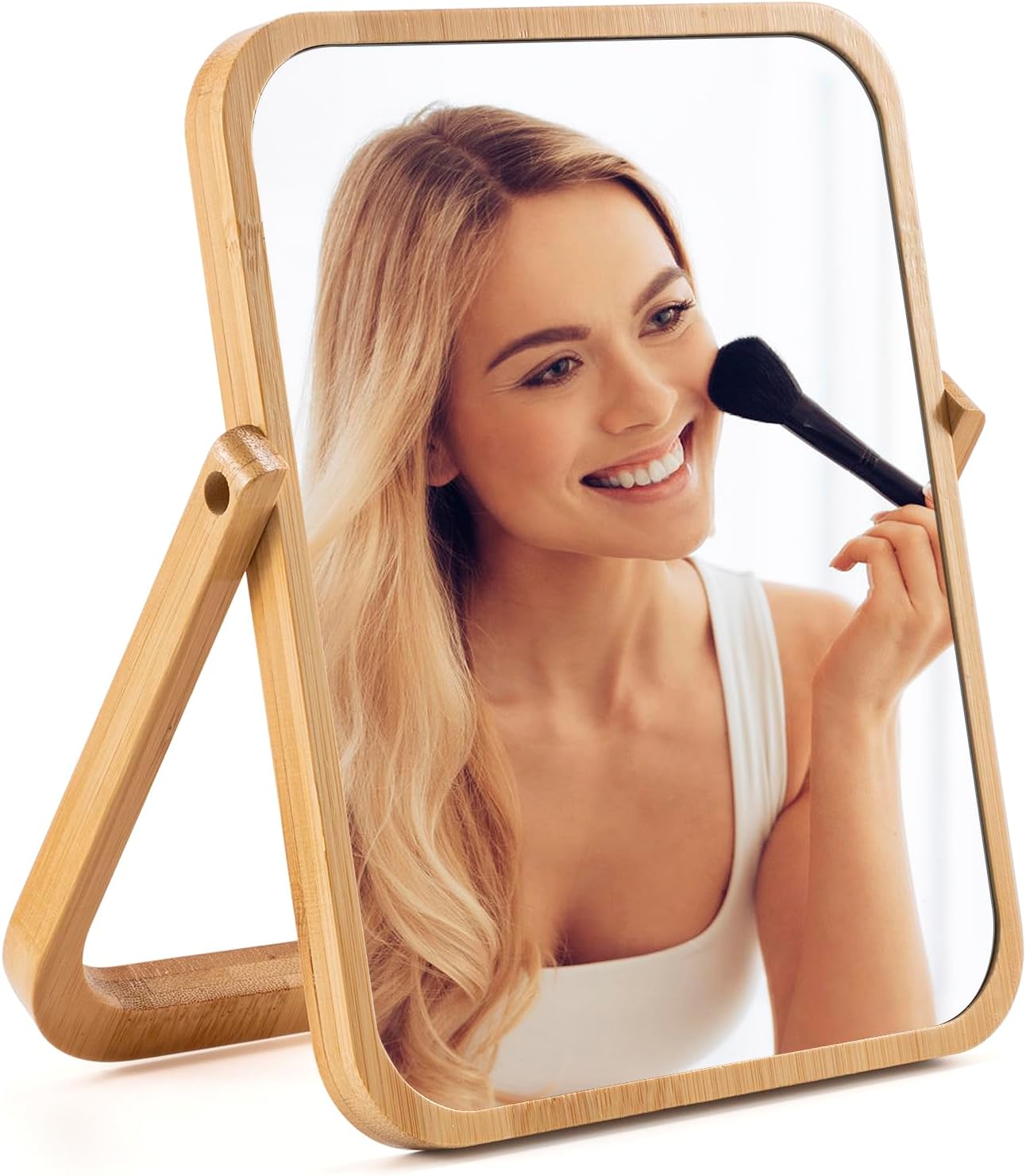Bamboo Vanity Mirror HD Desk Makeup Mirror - 360° Rotating True Standing Portable Folding Travel Mirror for Shaving Dressing Table Desk
