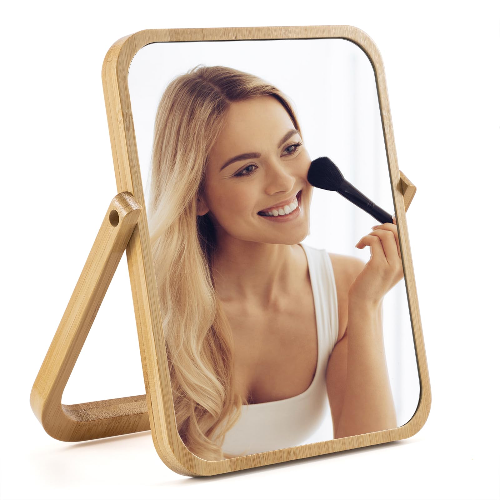 Bamboo Vanity Mirror HD Desk Makeup Mirror - 360° Rotating True Standing Portable Folding Travel Mirror for Shaving Dressing Table Desk