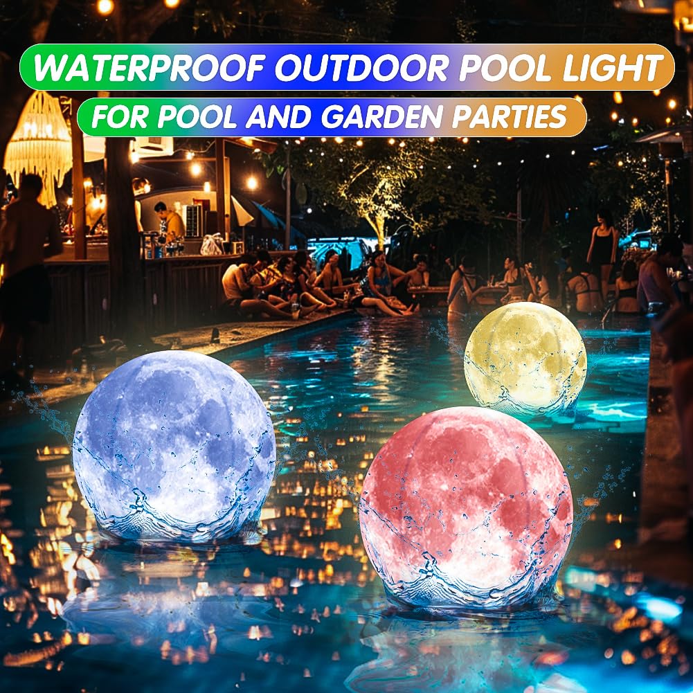 Joycabin 2 bolas de agua hinchables LED luminosas con luna, diámetro de 40 cm, iluminación flotante para piscina, impermeable, para playa, jardín, piscina, fiesta
