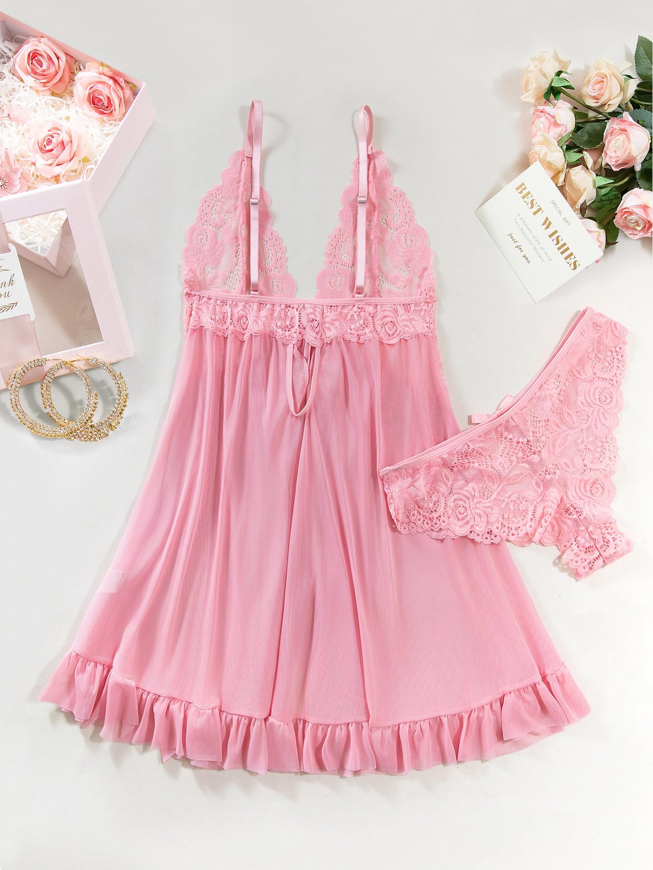 Sexy Open Front V Neck Ruffle Sheer Mesh Lace Wireless Babydoll Lingerie Dress with Thong 2 Piece: Small Pink