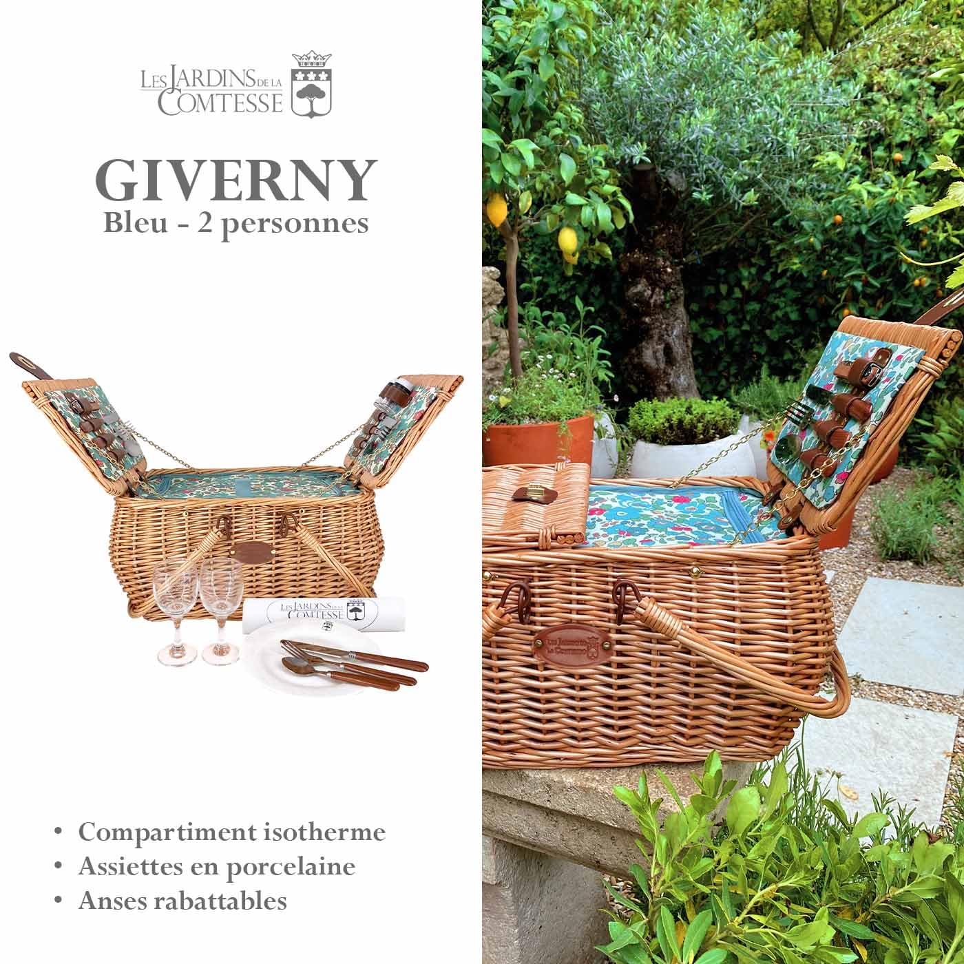 Les Jardins de la Comtesse - Picknickkorb Giverny – 2 Personen – Grün – komplett mit Kühlfach – Geschirr inklusive – Blumenmotiv – 45 x 36 x 23 cm