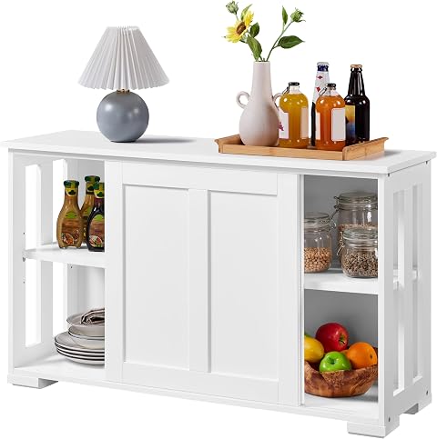 Yaheetech Credenza da Cucina 106,7x33x63 cm con 2 Ante Scorrevoli | Mobiletto Bianco Cucina Salvaspazio Arredo TV con Ripiano Regolabile Multiuso da Salotto Struttura Robusta Soggiorno