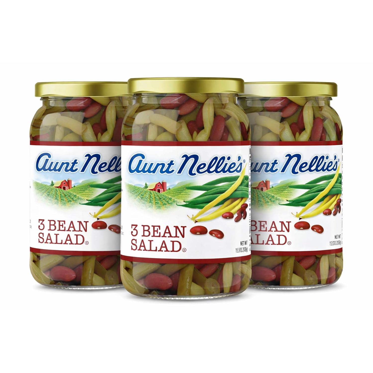 Aunt Nellie’s 3 Bean Salad – Classic Sweet Tangy Ready-to-Eat Bean Medley – Green Wax Kidney Beans in Light Vinegar Dressing (15.5 oz, 3-Pack)