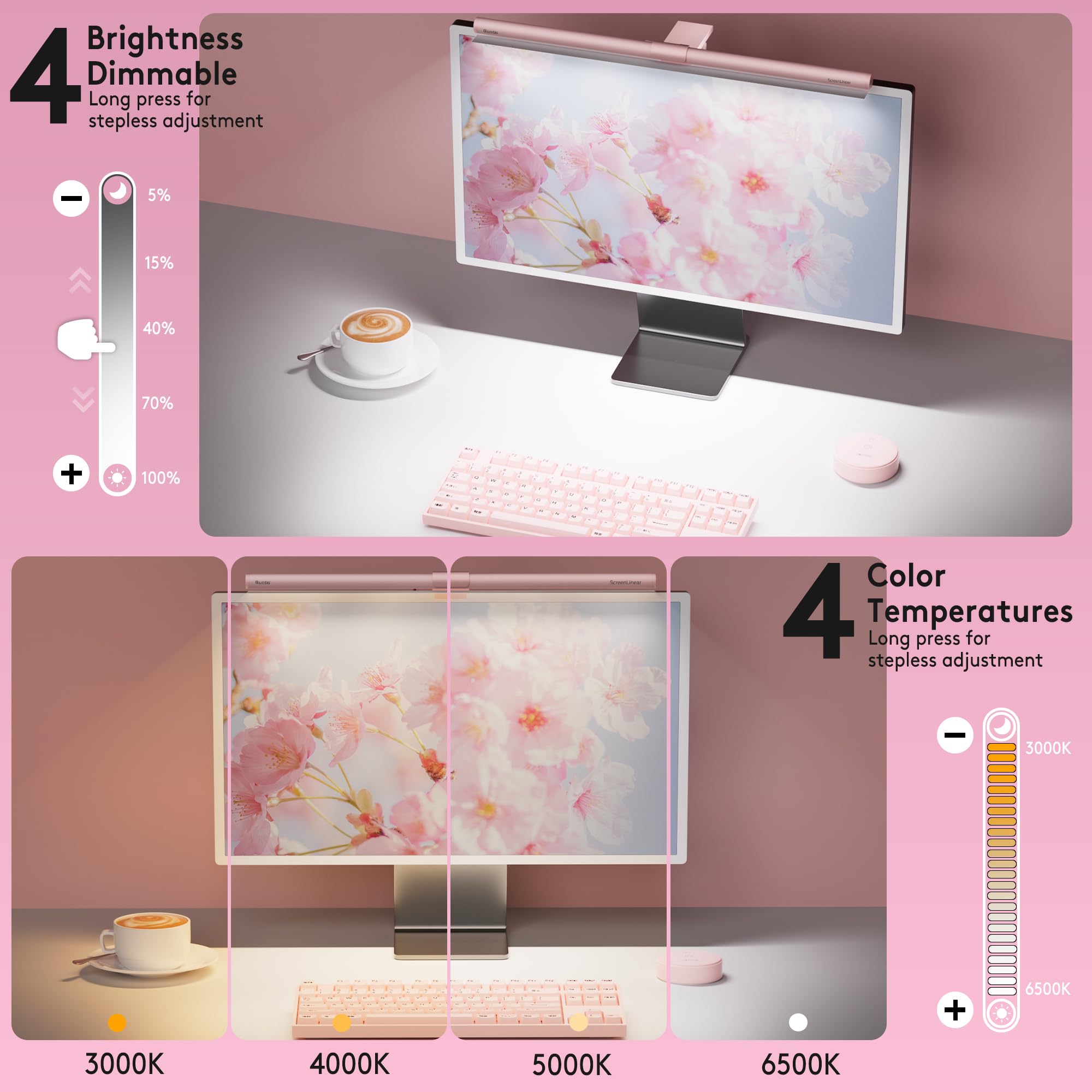 Quntis 51cm różowa listwa oświetleniowa monitora z pilotem i podświetleniem RGB, zakrzywiona lampa monitora komputerowego, regulacja temperatury barwowej i jasności, brak odblasków, ochrona oczu