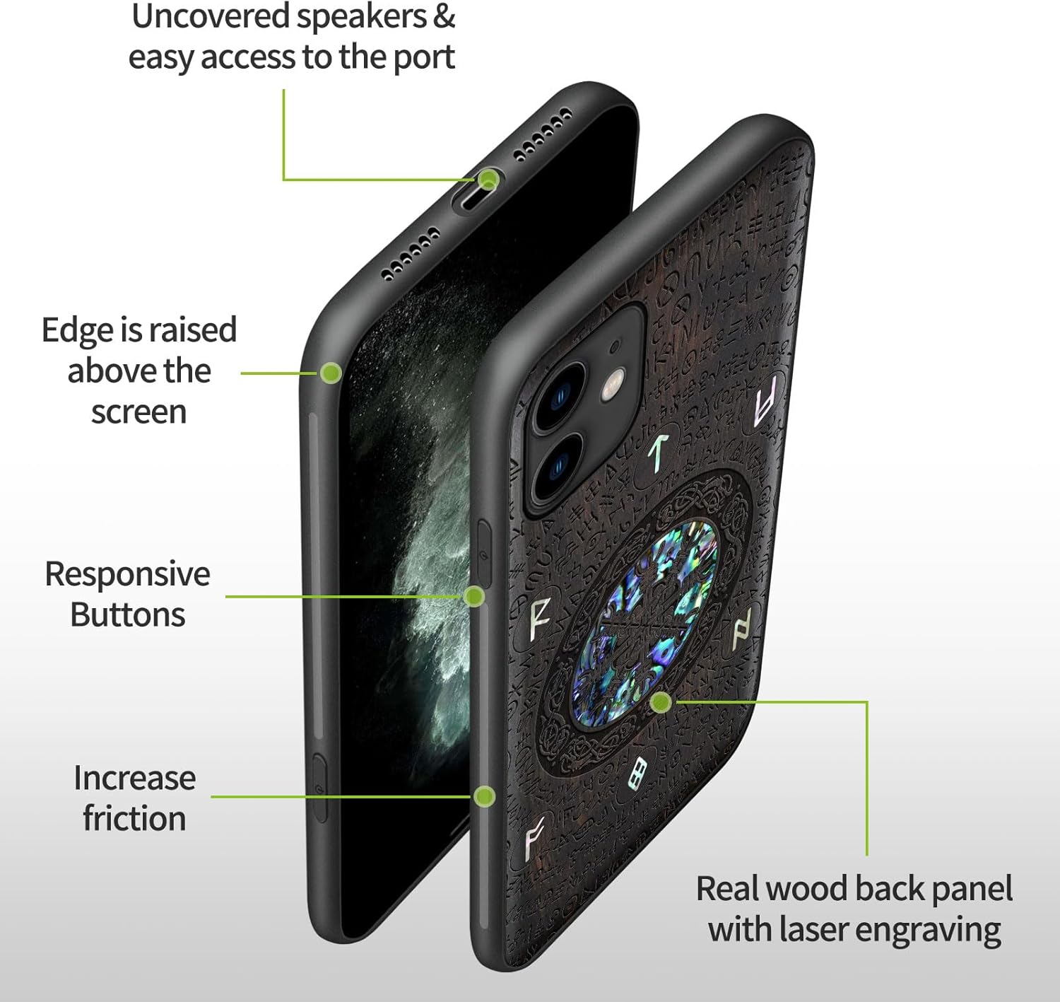 Carveit Designer Wooden Protective Case for iPhone 11 Cover [Wood Engraving & Shell Inlay] Compatible with iPhone 11 Case (The Vegvisir of Viking-Blackwood)