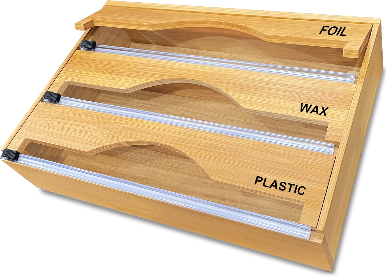 Aiaabq Bamboo Plastic Wrap Dispenser with Cutter with 21 Labels,3-in-1 Storage Organizer for Aluminum Foil…