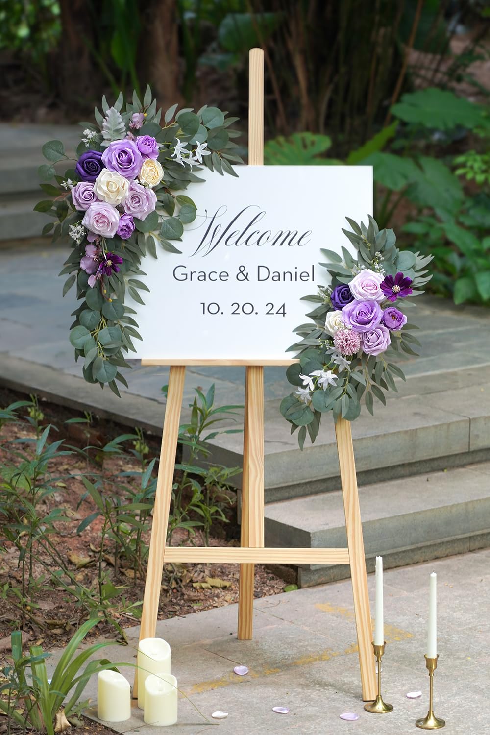 Faux Flower Swag Set of 2 for Wedding Welcome Signs Floral Decorations, Purple Wedding Arch Flowers for Wedding Ceremony (Lilac & Purple & Cream)
