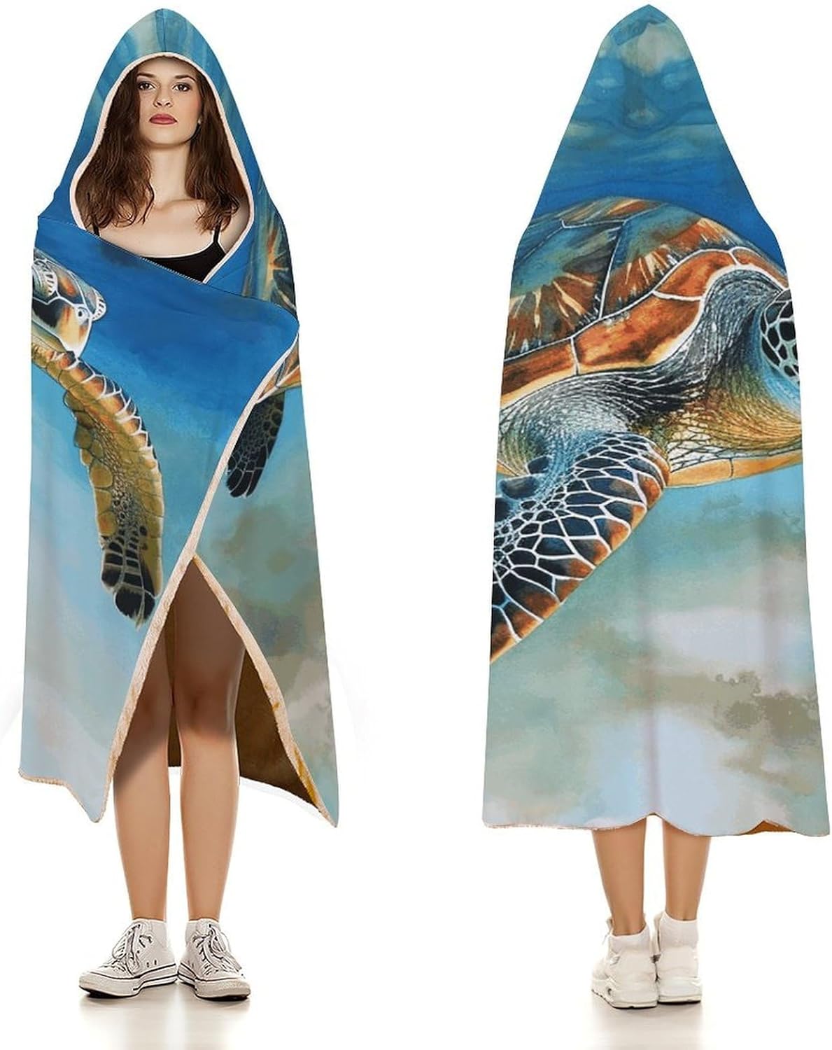 Sea Turtle Wearable Hooded Blanket, Ultra Soft Arctic Velvet Cape Cloak Unisex - Cozy Wearable Blanket
