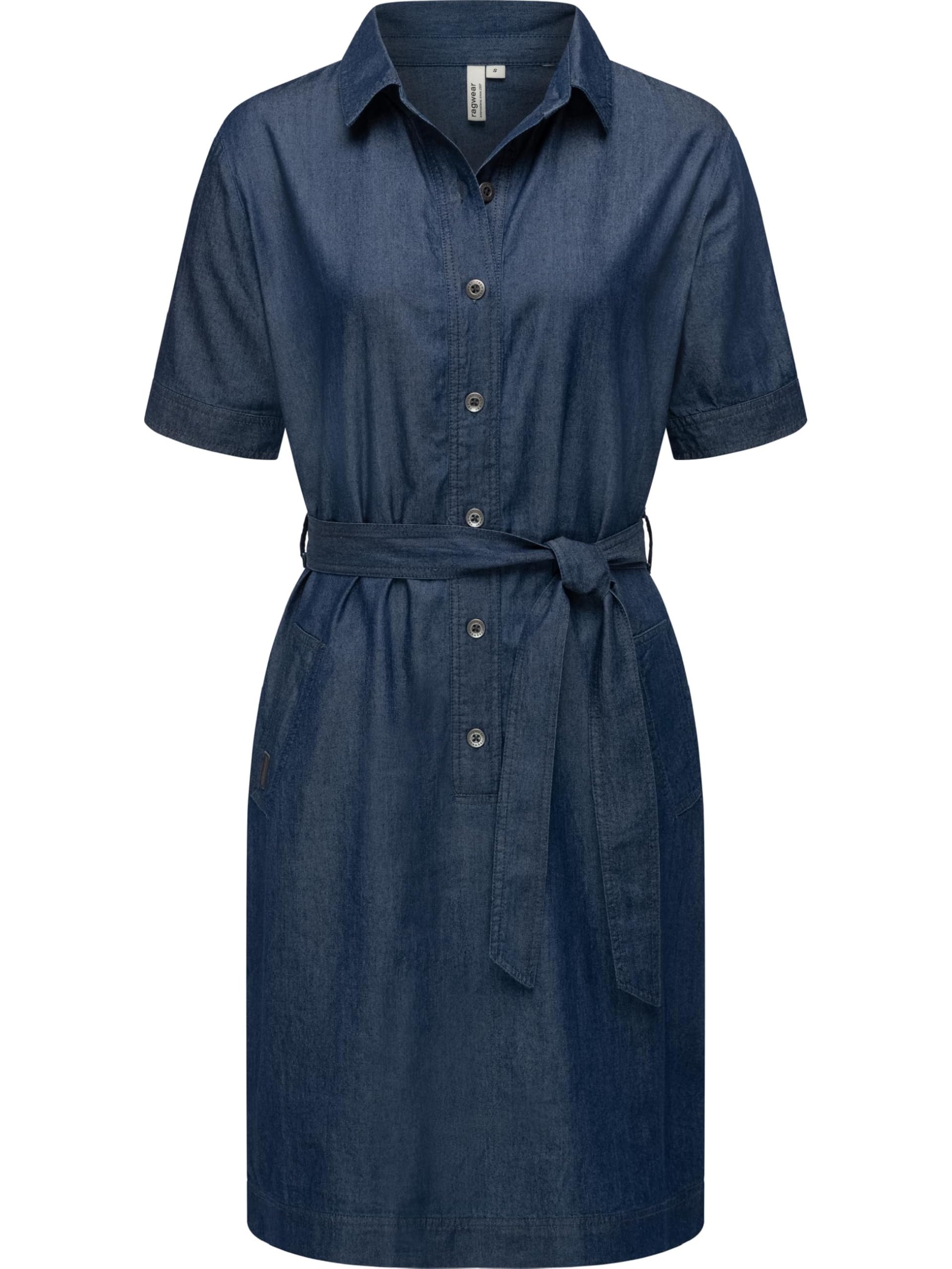 Ragwear Damen Sommerkleid Kurzarm Midikleid in Denim-Optik mit Haifisch-Kragen und Taillenband Rozyna Denim YOUMODO XS-3XL