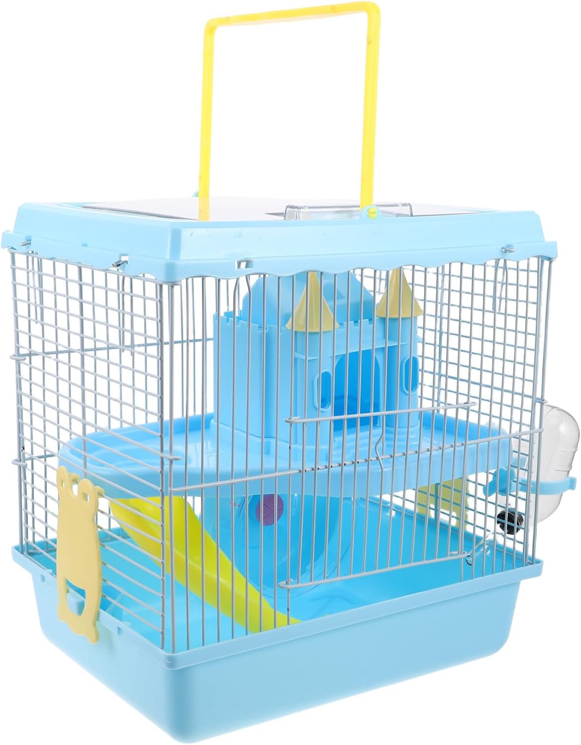DOITOOL Hamster Cage with Wheel and Slide Two-Layer Small Animal Castle Habitat with Water Bottle and Food Bowl Portable Blue Hamster Carrier and Mice