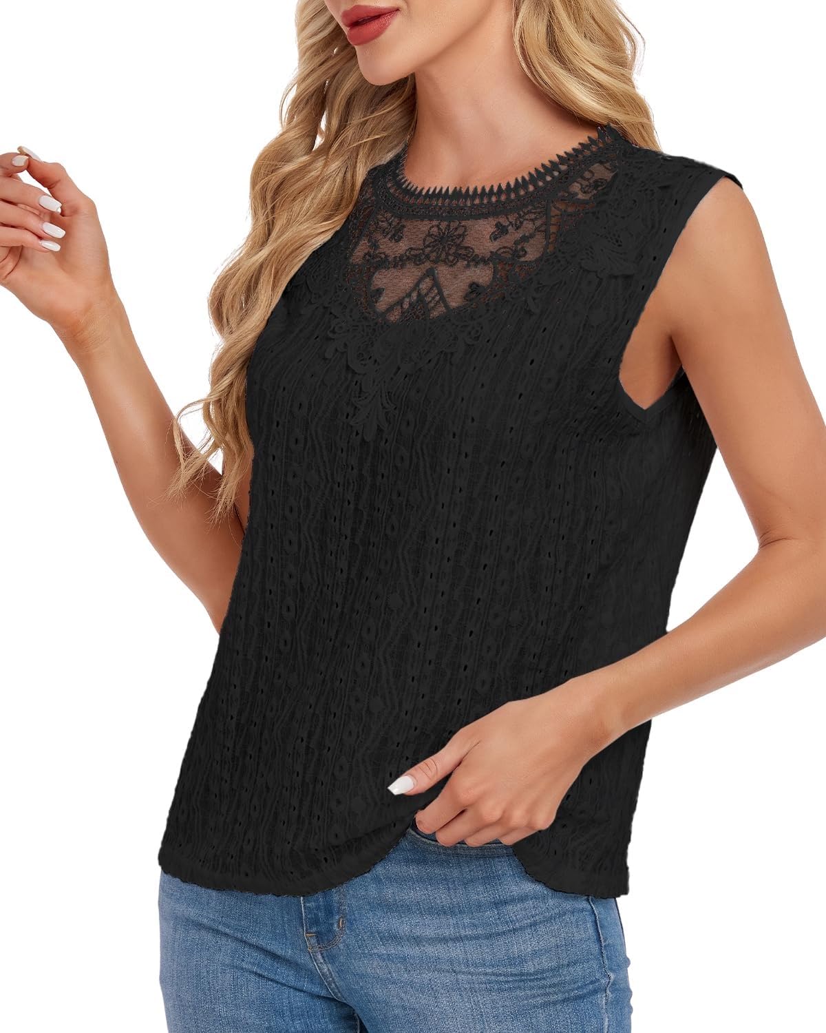 Canotte a Tunica con Buco della Serratura sul Retro Senza Maniche da Donna, Camicette Casual in Pizzo