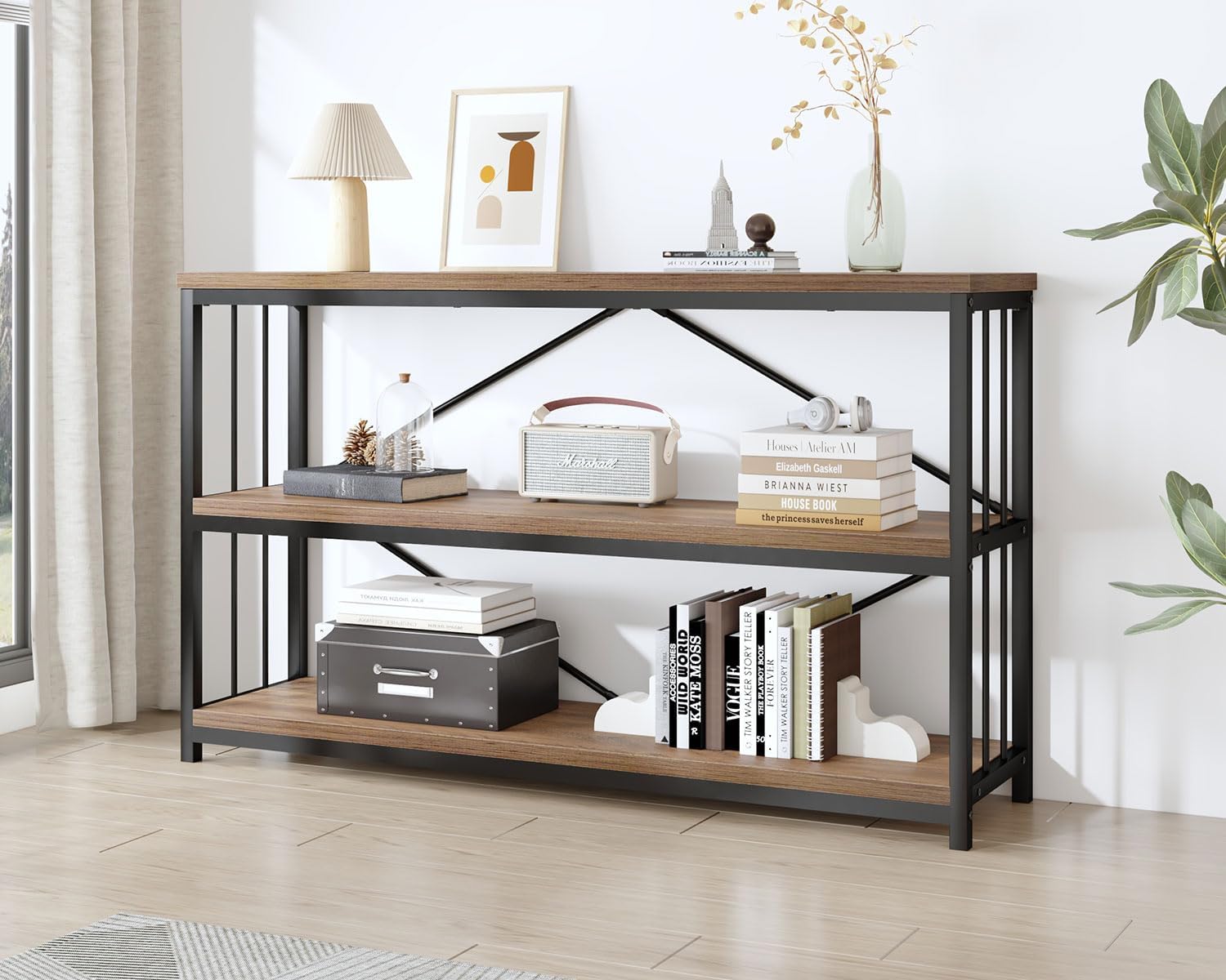 IBF 3 Tier Bookshelf Storage Organizer, Industrial Short Wide Open Horizontal Bookcase, Farmhouse Low Wood Metal Book Shelf for Office, Modern Vintage Etagere in Bedroom Living Room, Rustic Oak, 47 In