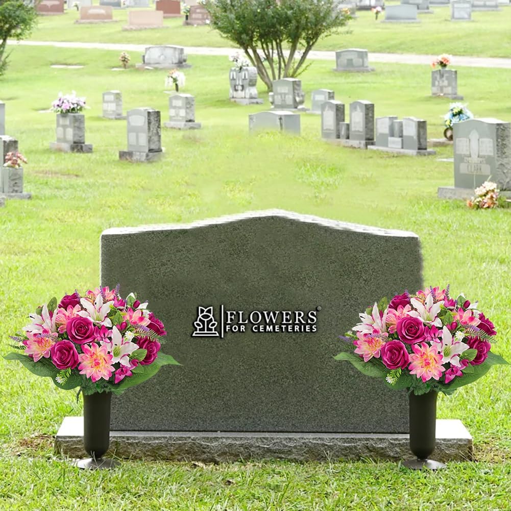 Briful Artificial Flowers for Cemetery, Cemetery Flowers for Grave, Weather Resistant Cemetery Flowers for Vase, Large Sympathy Grave Floral Arrangement with Rose Dahlia Lily Silk Flower