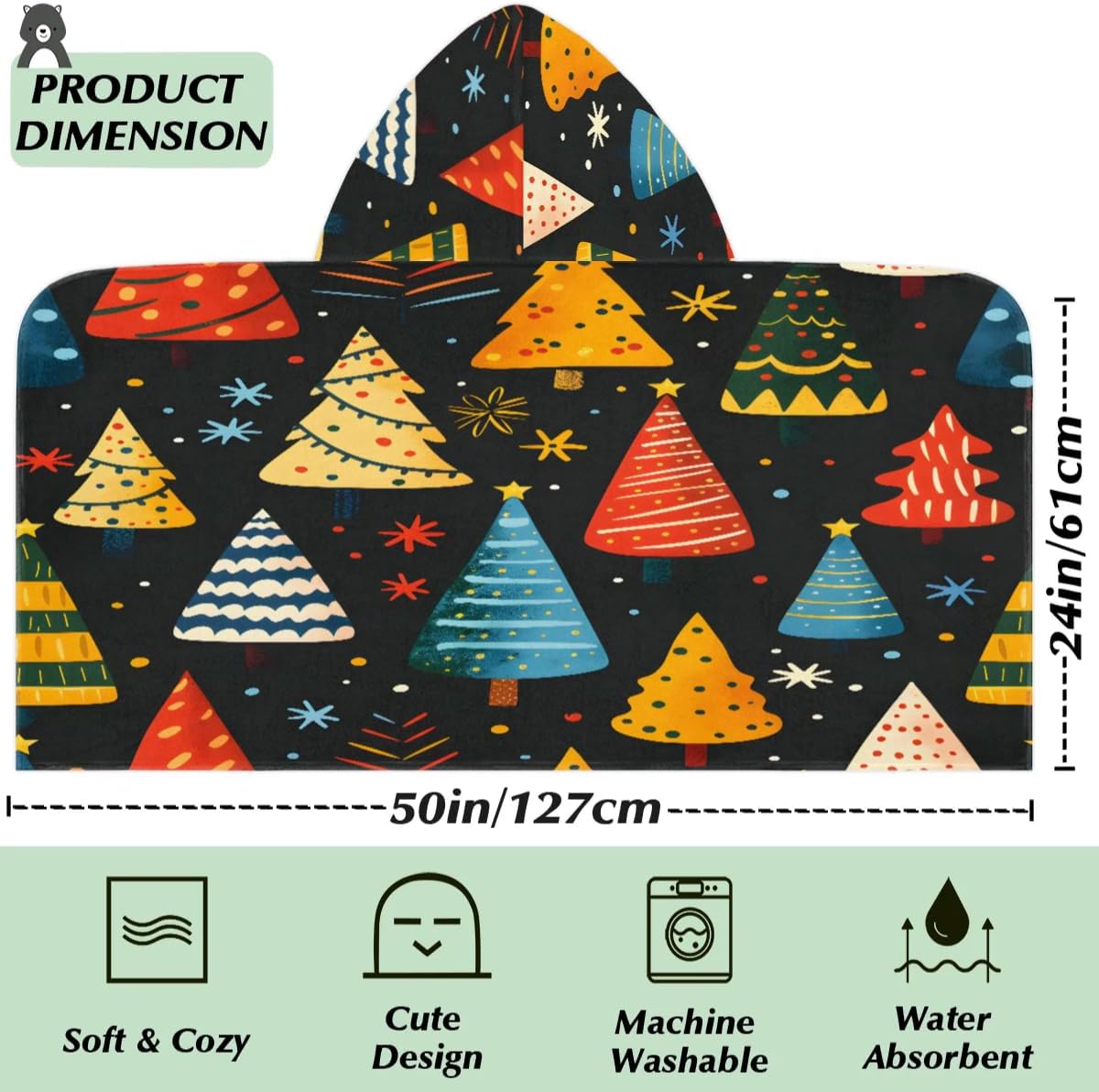 Pardick Kid Bath Towels Colorful Xmas Tree Kids Towel with Hood for Girls Boys Beach Towel Pool Cover Up Soft Absorbent Toddler Hooded Bath Towel for Shower, Beach, Pool