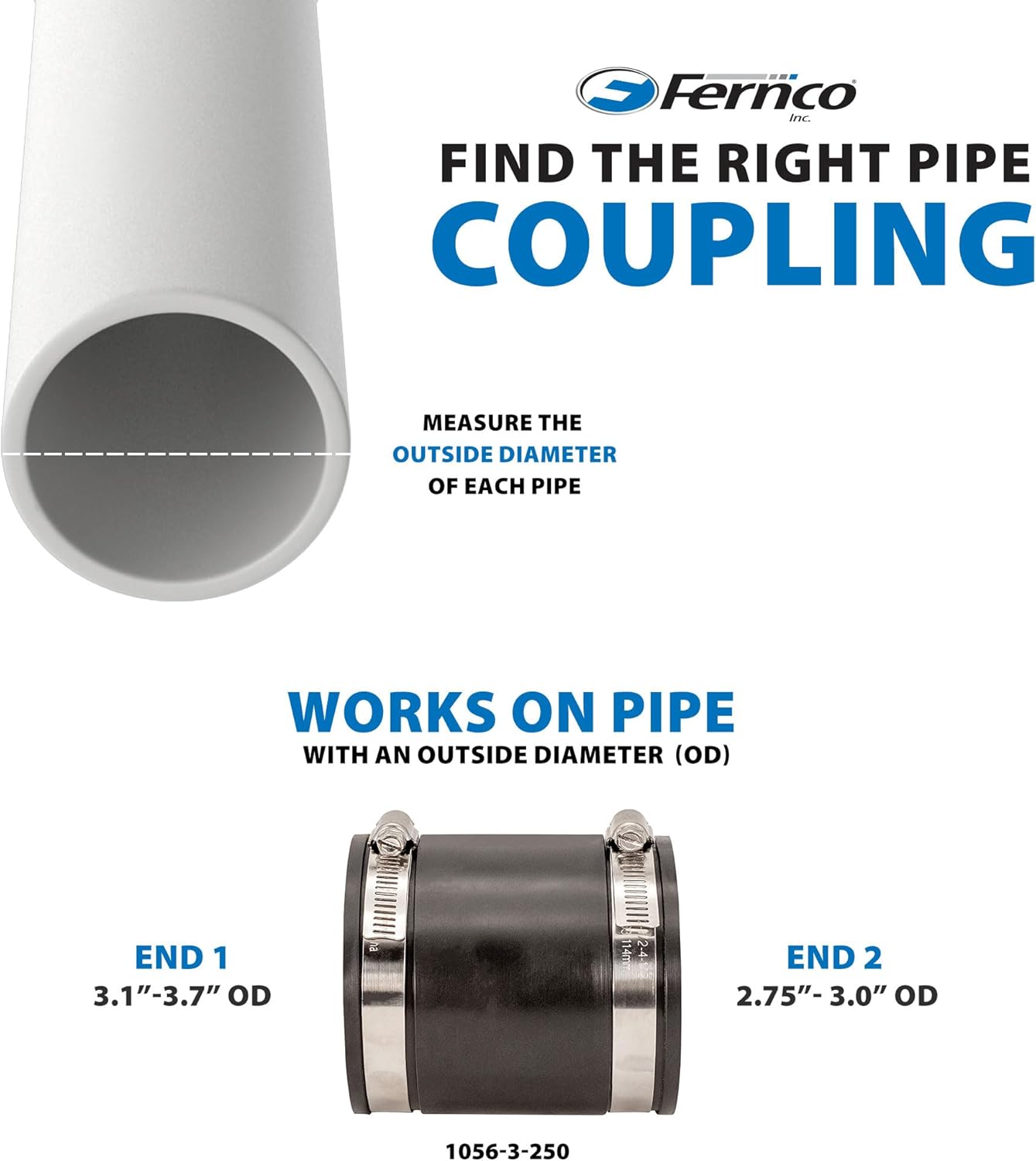 Fernco P1056-3/250 3-in. x 2.5-in. Cast Iron, Plastic and Steel Pipe Flexible Reducer Coupling Connector Adapter in Black