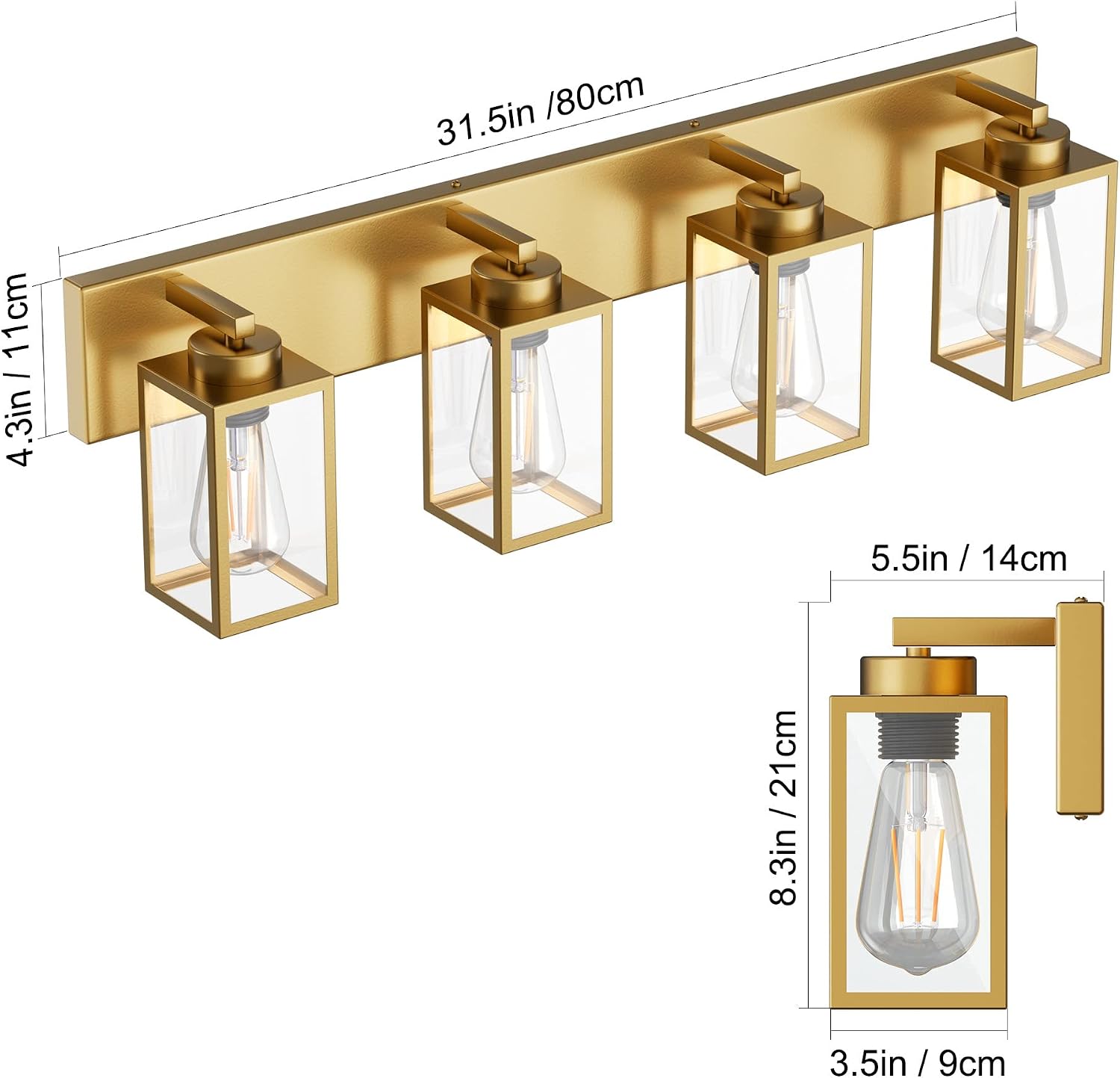 Aipsun Gold Bathroom Light Fixtures 4 Light Vanity Light Bathroom Farmhouse Lighting Fixtures Industrial Vanity Light (Exclude Bulb)