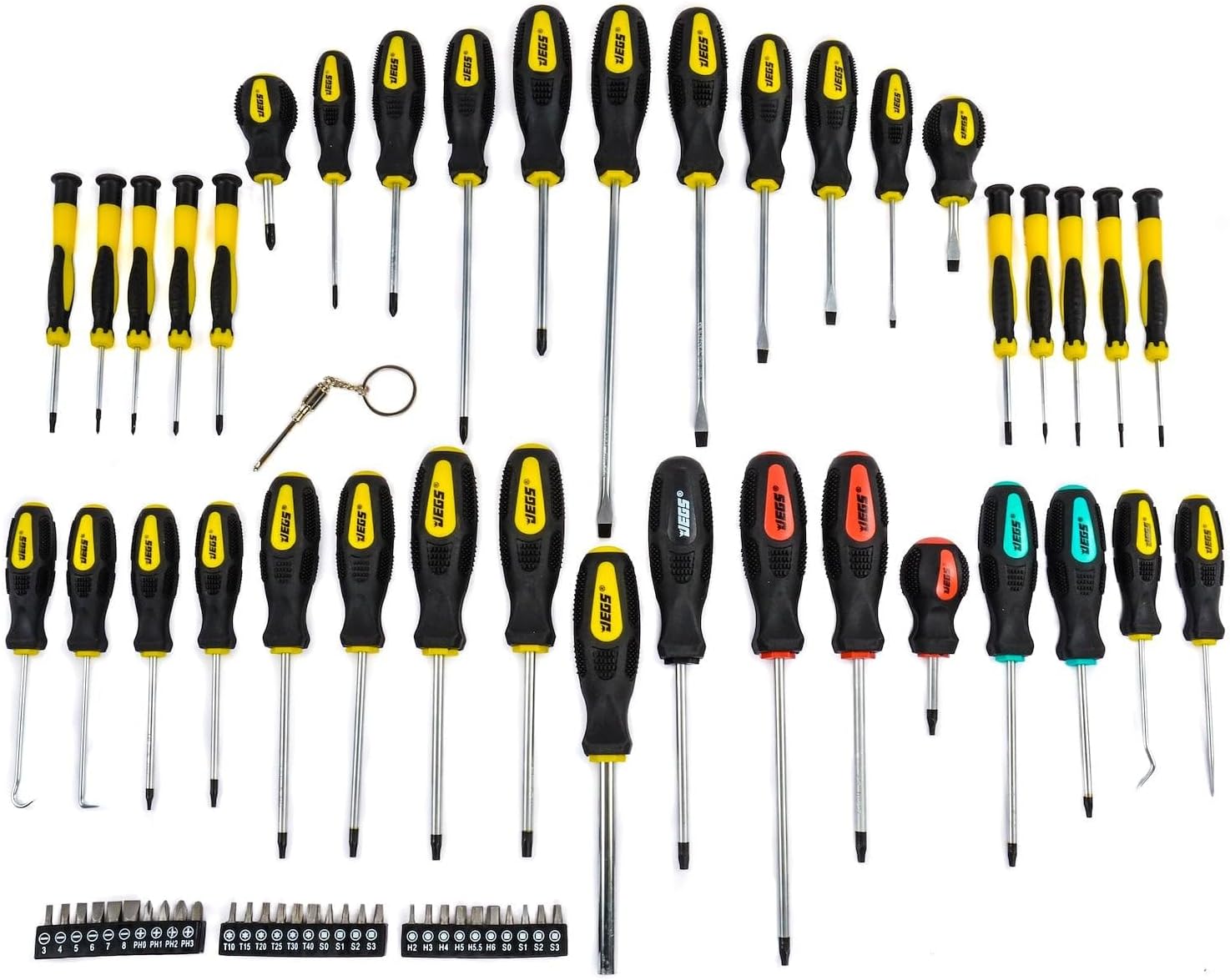 JEGS 69-Piece Screwdriver Set | 34 Screwdrivers with Magnetic Tips | 30 Assorted Bits | 4 Awls | Rubber Grip Handles | Chrome Vanadium Shafts | Color-Coded with JEGS Logo