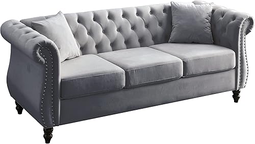 Miniatura 9 de Sofá Chesterfield de terciopelo de 80 pulgadas, sofá de 3 plazas con dos almohadas, cabeza de clavos y brazos enrollados, sofá tapizado con respaldo