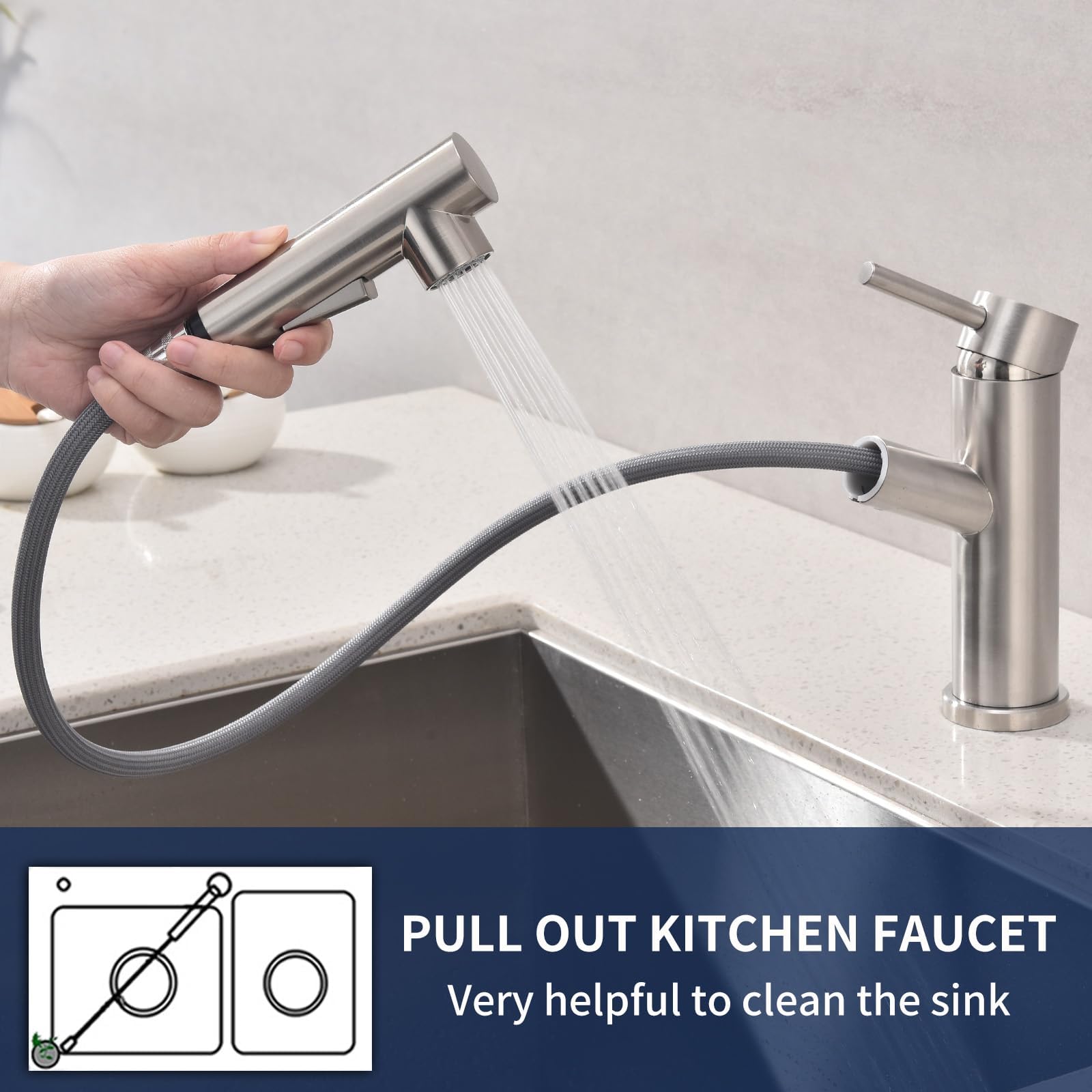 HOMELODY Wasserhahn Küche/Bad Gebürsteter Oberfläche Ausziehbar | Küchenarmatur mit Brause Zwei Wasserstrahlarten, Armatur Küche Einhebel Spültischarmatur Mischbatterie Küche