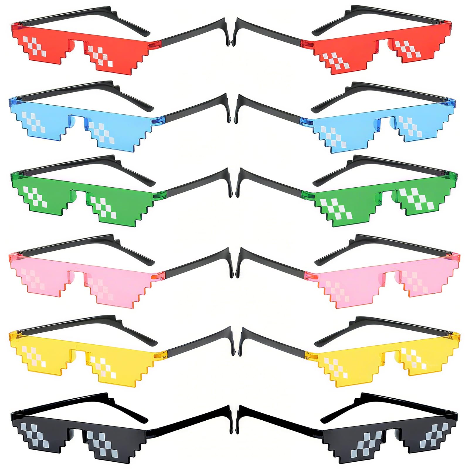 12 works Cool Thug Glassess, 6 Colors Pixel Sunglasses, Photo Props Unisex Glasses, Retro Plastic Sunglasses