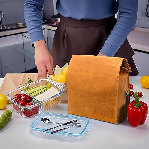 Miniatura 8 de Waxed Canvas Lunch Bags Brown Paper Bag Styled - Classic Updated - Reusable and Washable, Worthbuy Lunch Box for Men & Women