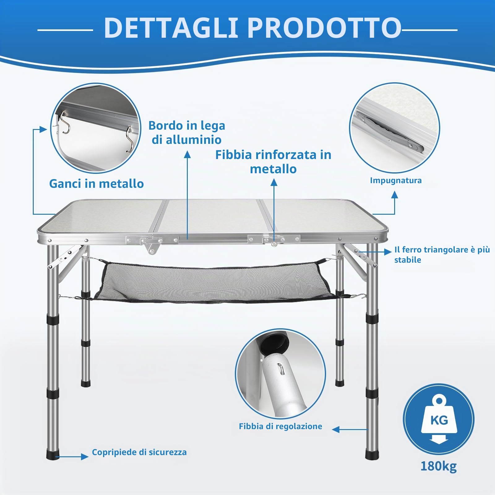 CPROSP Tavolo da Campeggio Portatile Pieghevole 90 * 40cm, da Picnic per Esterni Nero, Altezza Regolabile 26-70cm con Rete di Contenimento, Borsa per Il Trasporto Inclusa in Alluminio MDF 4 Persone