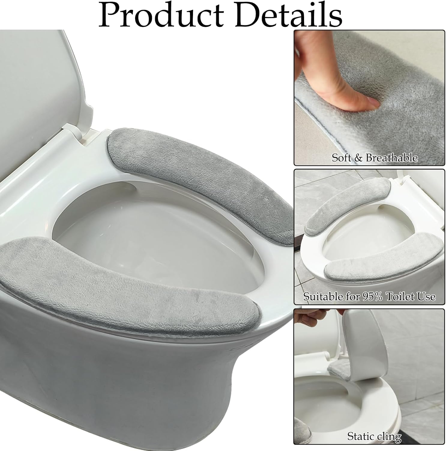 Thick and Warm Toilet Seat Cover, Self-Adhesive Toilet Seat Cushion Cover, Reusable Washable Toilet Seat Cover Pad for Winter Bathrooms, Comfortable Plush Padded Toilet Seat Mat, Grey