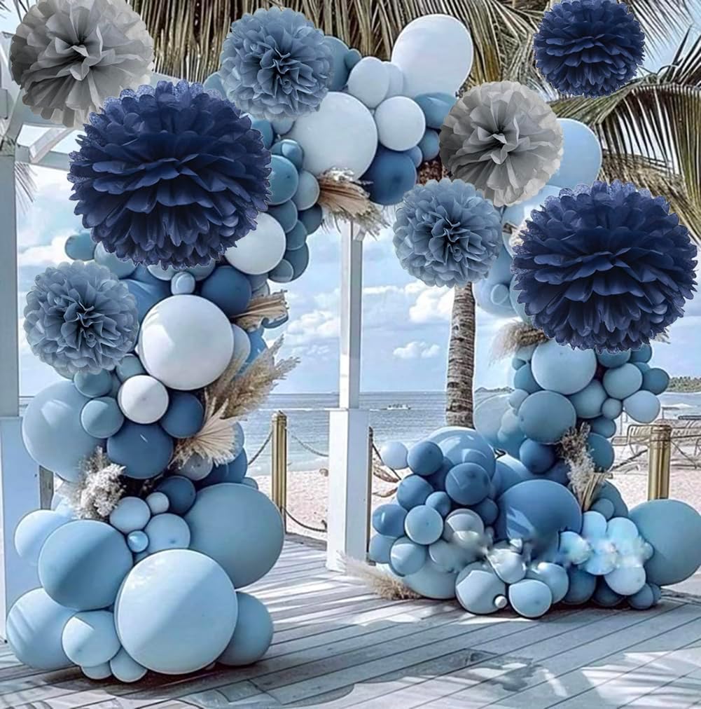Navy Dusty Blue and Gray Hanging Paper Flowers Tissue Pom Poms Party Decorations Wall Backdrop for Baby Boy Shower, Birthday, Wedding, Bachelorette, Nautical Party Supplies, 9-Pack