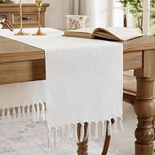Linen Style Rustic Table Runner, Farmhouse Cotton Linen Table Runner, Boho Table Runners 90 Inches Long with Hand Tassels for Home Tabletop Decor and Everyday Use - Off White, 90 Inch