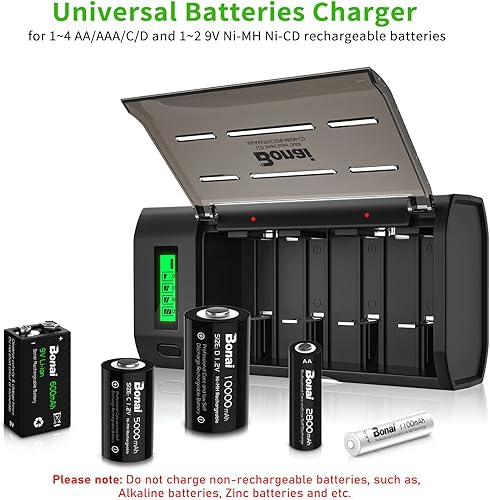 Miniatura 3 de BONAI Cargador De Batería Inteligente Para AA AAA C D 9V Ni-MH Baterías Recargables Con Función De Descarga Y Pantalla LCD Carga Rápida - Negro