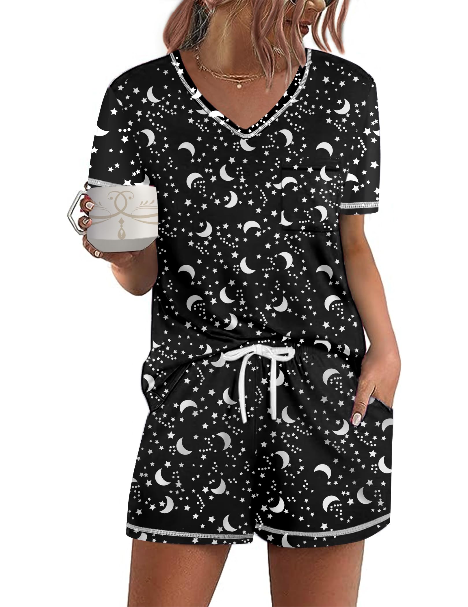 Ekouaer Women's Pajamas Sets Short Sleeve Lounge Sets Sleepwear Casual Two Piece Pjs With Pockets