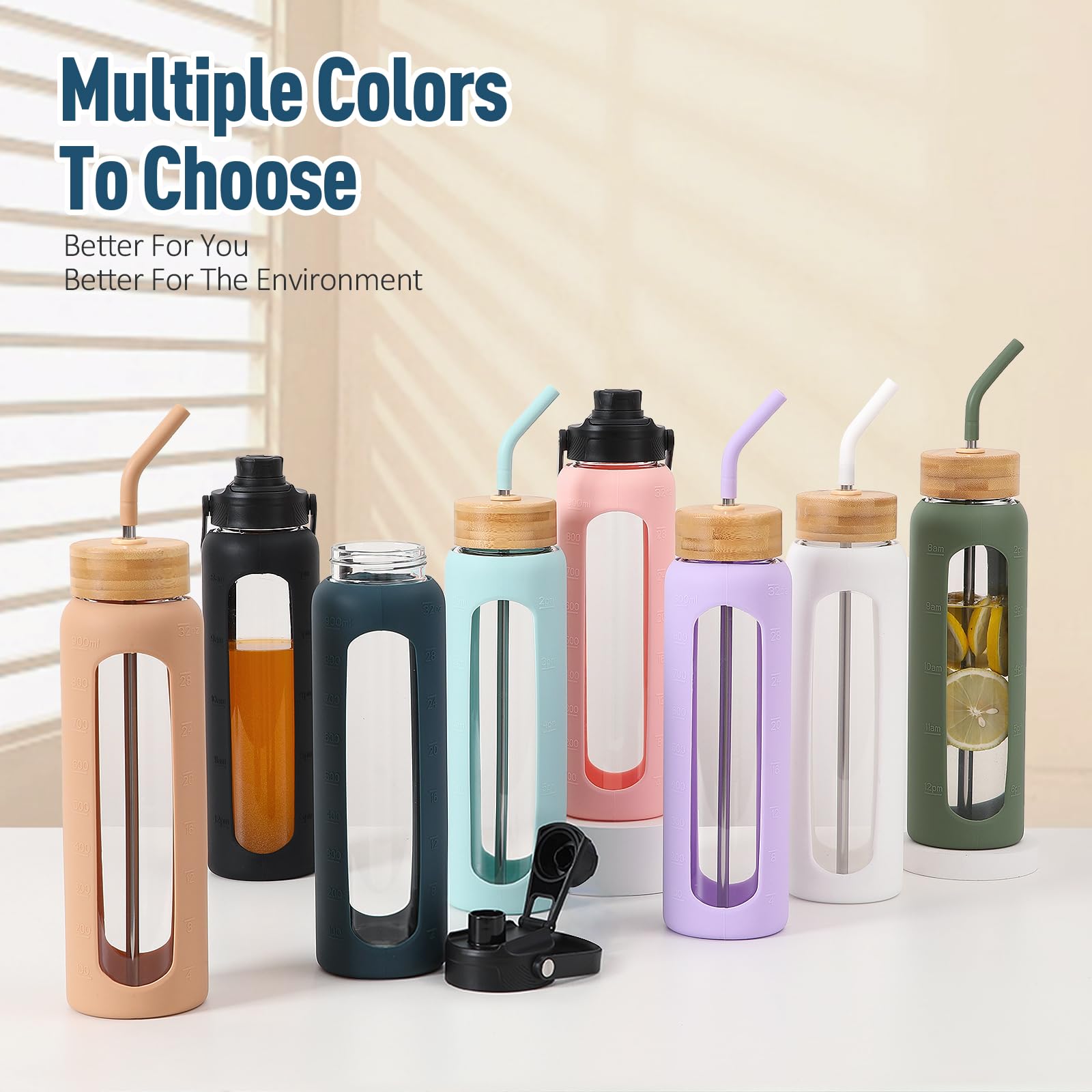 Kodrine Glas-Trinkflasche mit Strohhalm, Glas-Trinkflasche mit 2 Deckeln, Bambus- und Auslaufdeckel, auslaufsicher, für den täglichen Gebrauch, mit Zeitmarkierung für Zuhause, Outdoor-Sport, BPA-frei