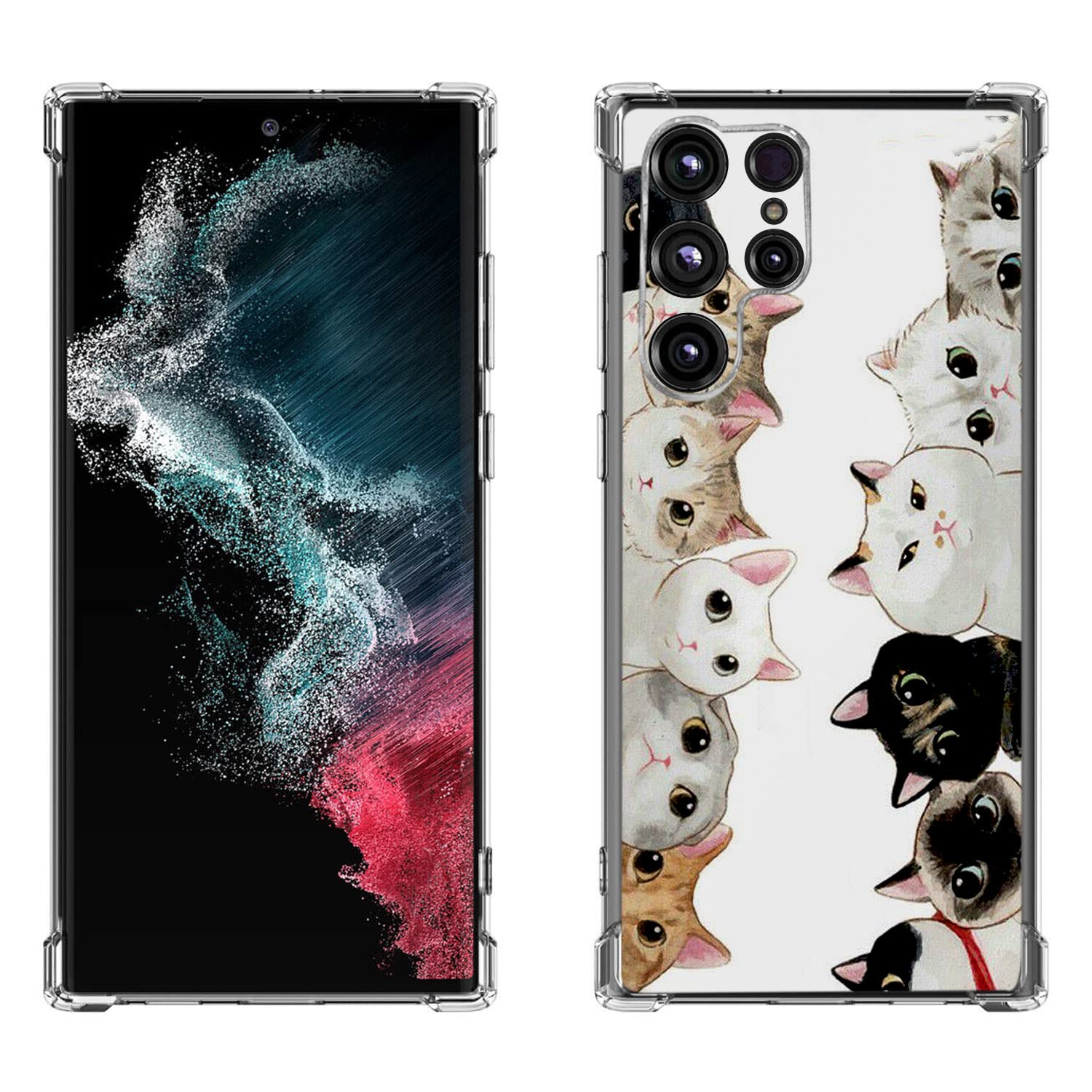 Beaucov Galaxy S22 Ultra Case, White Black Cute Cats Drop Protection Shockproof Case TPU Full Body Protective Scratch-Resistant Cover for Samsung