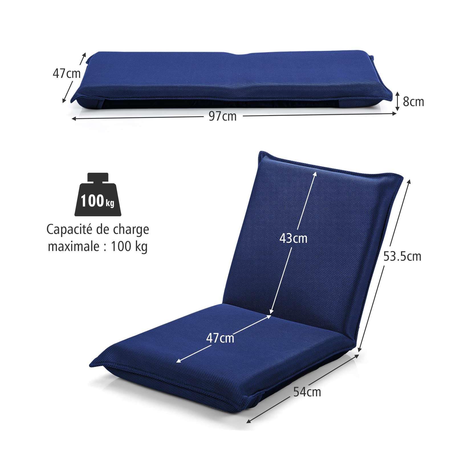 RELAX4LIFE Chaise de Sol Pliante avec Dossier Réglable en 6 Position, Tatami pour Lire & Jouer & Méditer dans Salon, Chambre, Bureau, (52-98) x44x(47-7) cm (Bleu foncé)