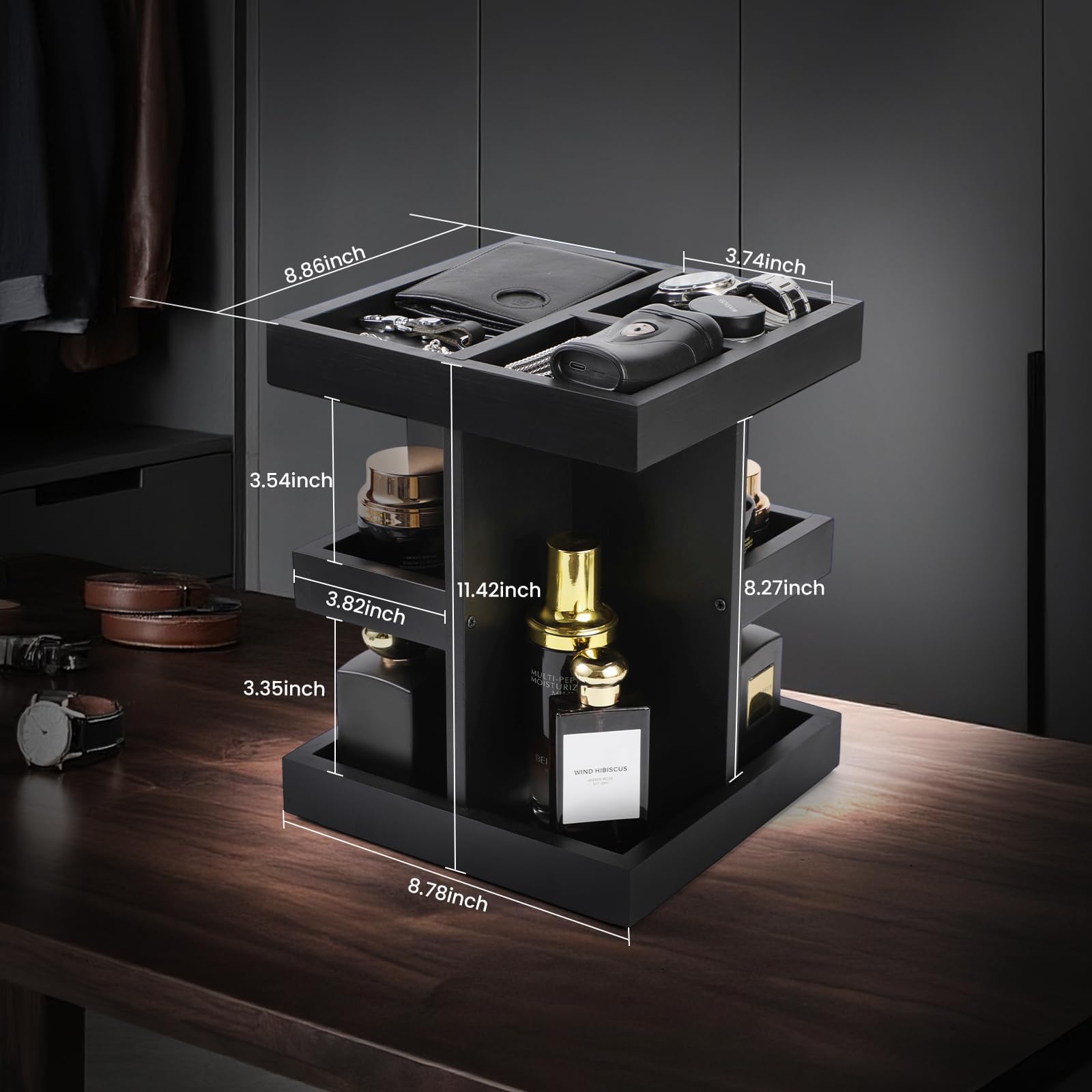 CHY Organizador de perfumes y soporte de perfume para hombre, de madera giratoria de 3 pisos, estante de perfume, expositor para tocador, accesorios, ideas de regalo de cumpleaños para marido y novio