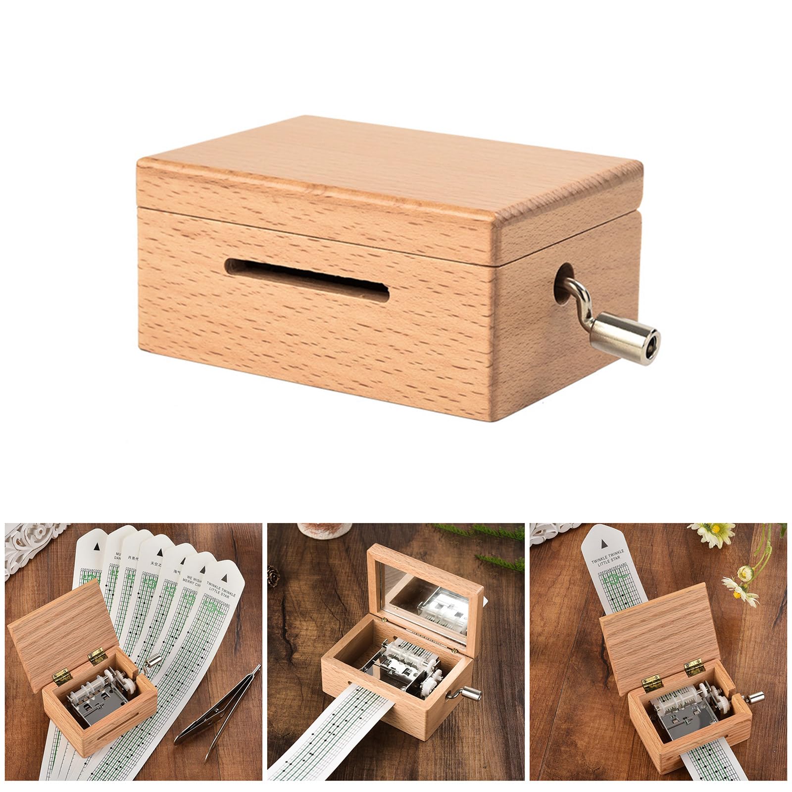 Kit de caja de música con manivela de 15 notas que crea melodías únicas con estuche de madera y tiras de cinta de papel para los amantes de la música