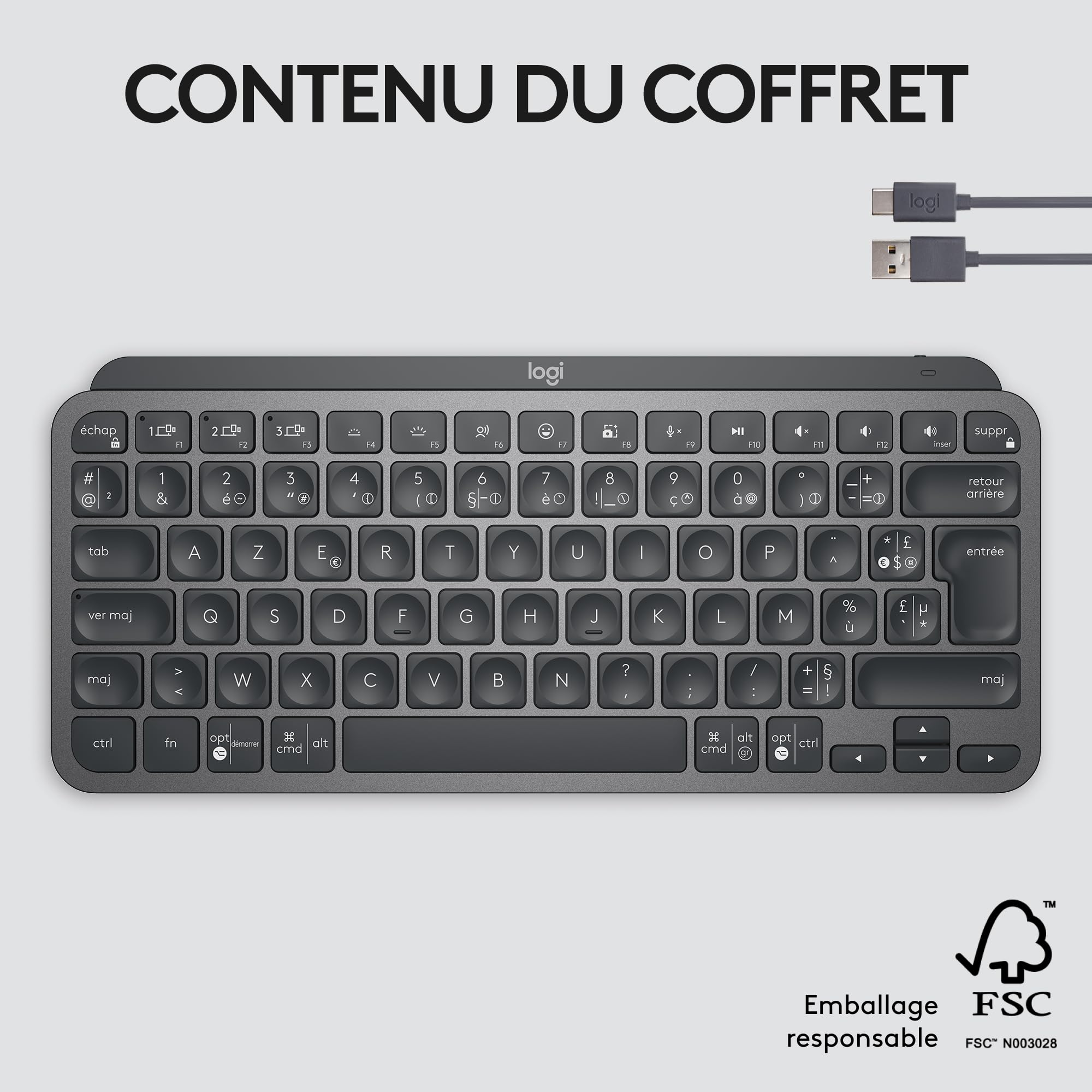 Logitech MX Keys Mini Minimaliste Clavier sans Fil Illuminé, Compact, Bluetooth, Rétroéclairé, USB-C, Compatible Apple macOS, iOS, Windows, Construction métal, Francais AZERTY - Gris foncé