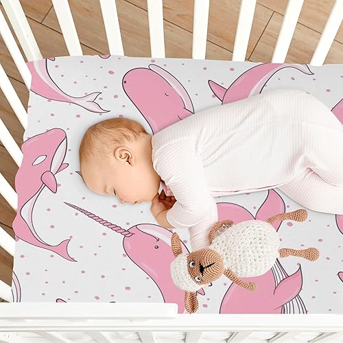 Miniatura 8 de Kigai Sábana bajera ajustable para cuna para niños y niñas, ballenas rosadas, suave, transpirable, unisex, para colchones estándar de cuna y niños